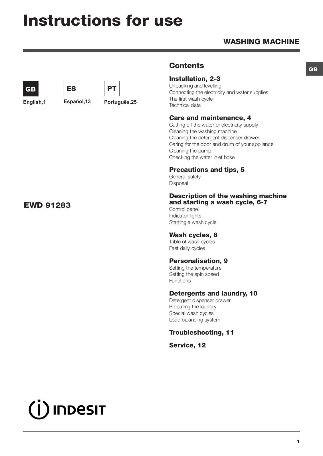 INDESIT EWD 91283 W EU User Manual