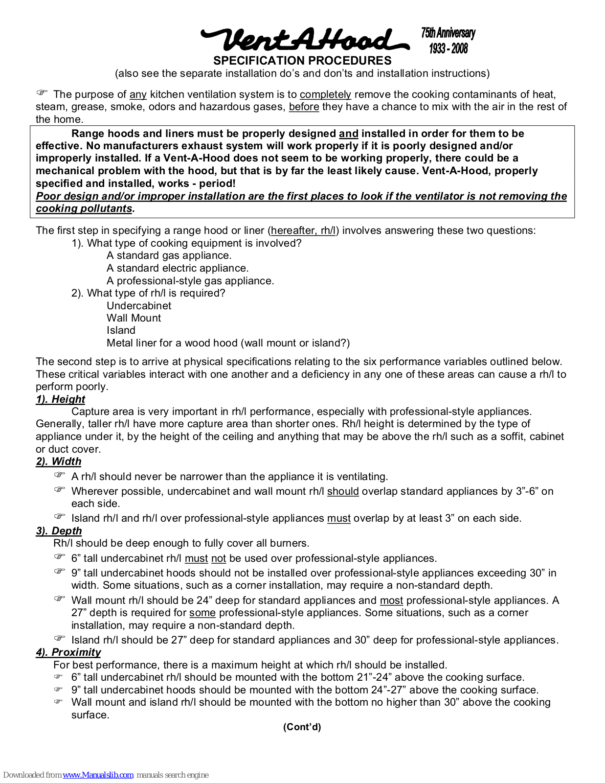 Vent-a-Hood K250 Installation Instructions Manual