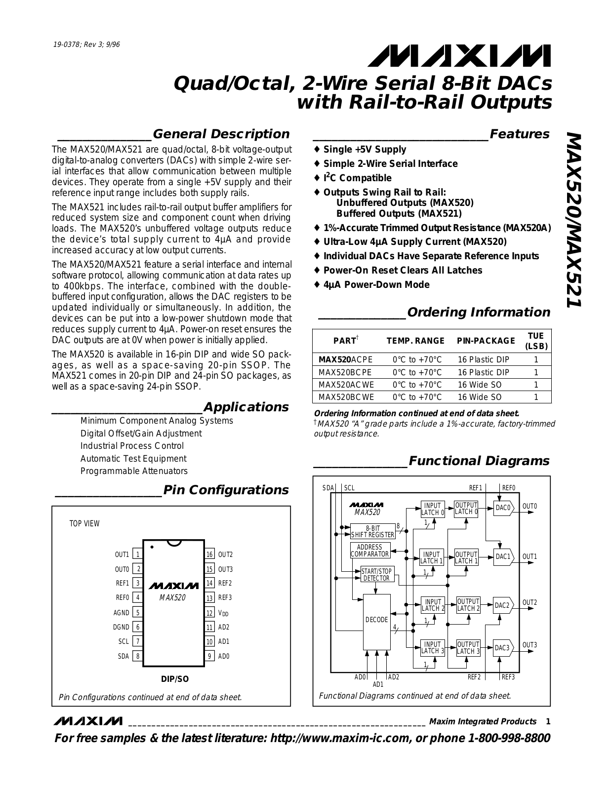 Maxim MAX521BEWG, MAX521BCWG, MAX521BCPP, MAX521BCAG, MAX521BC-D Datasheet