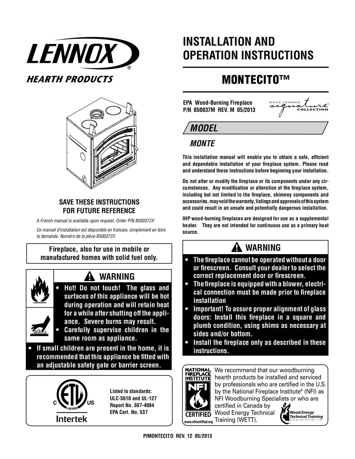 Lennox MONTECITO Operation Instructions Manual