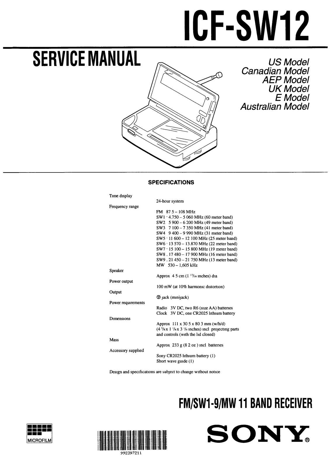 Sony ICFSW-12 Service manual