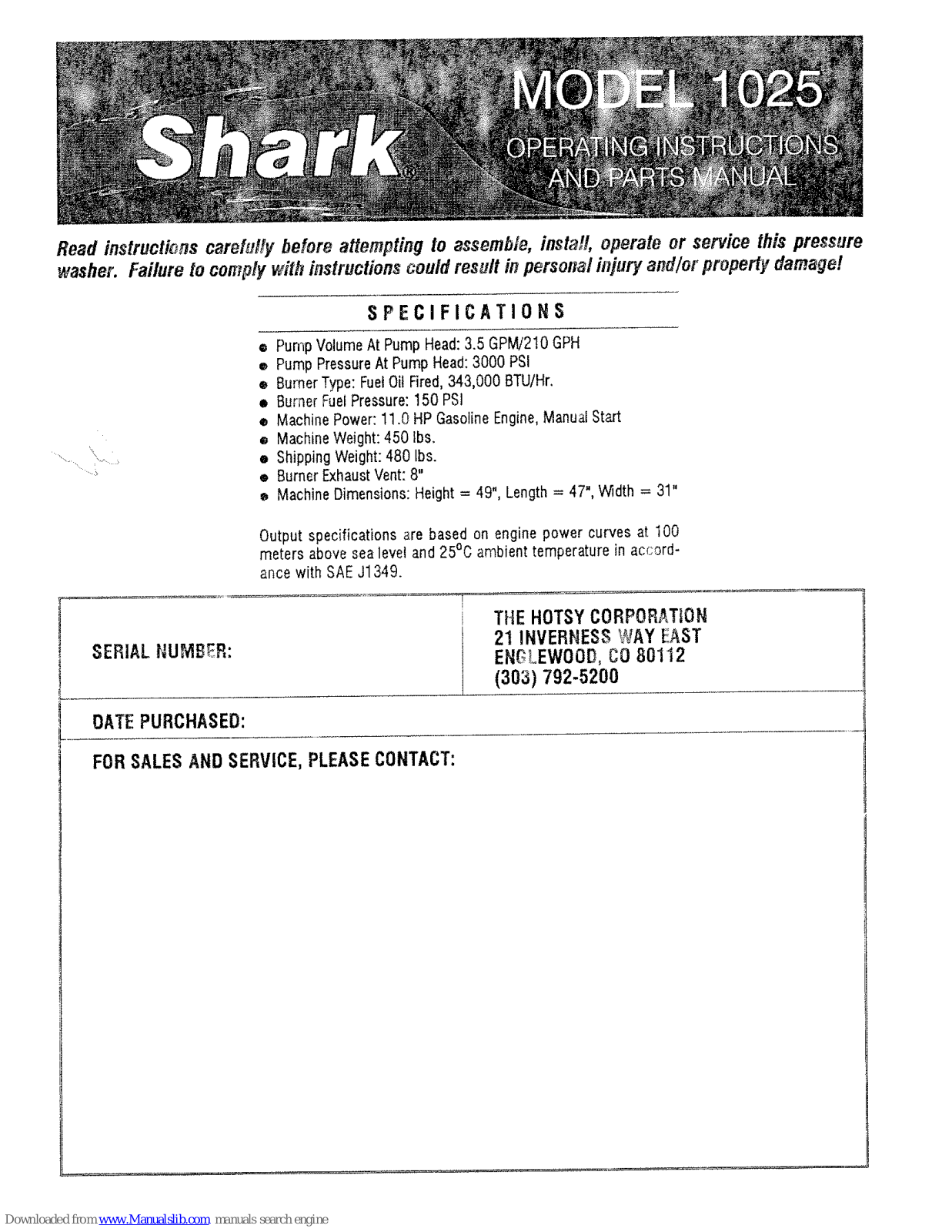 Shark 1025 Operating Instructions And Parts Manual