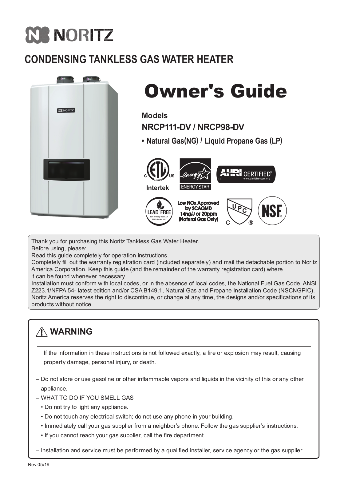 Noritz NRCP111-DV, NRCP98-DV Owner's Manual