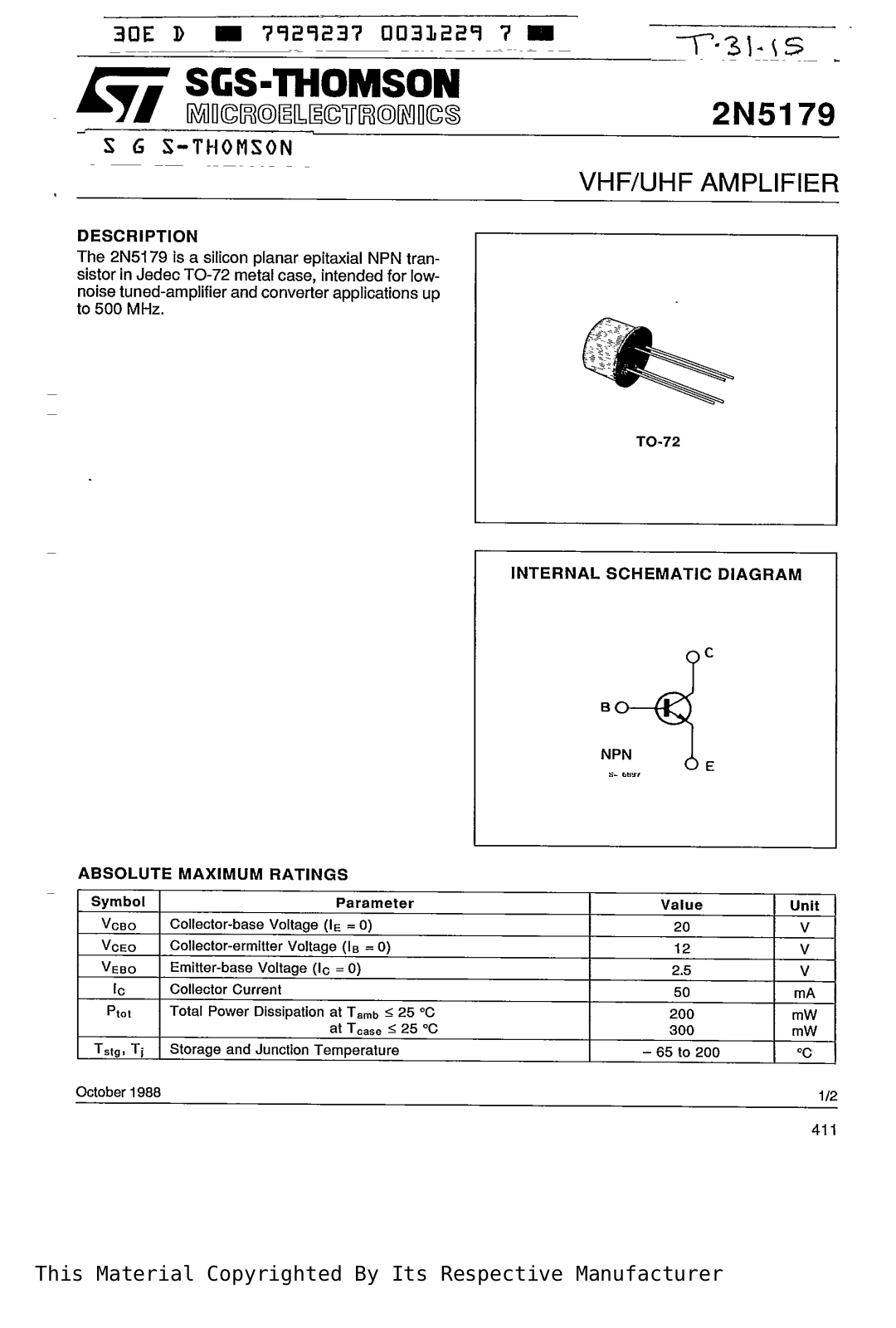 SGS Thomson Microelectronics 2N5179 Datasheet