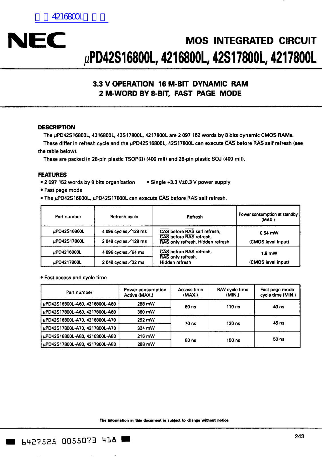 NEC UPD42S16800L DATA SHEET