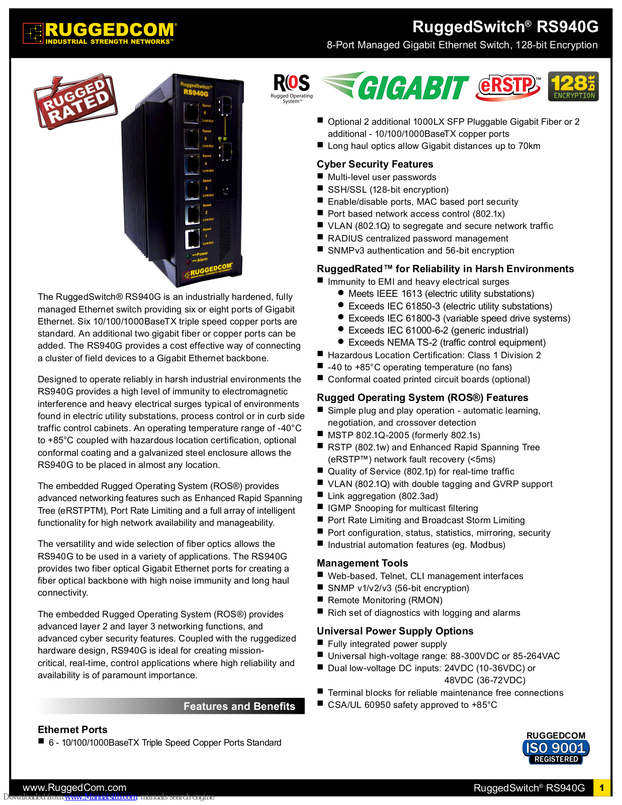 RuggedCom RuggedSwitch RS940G Specification Sheet