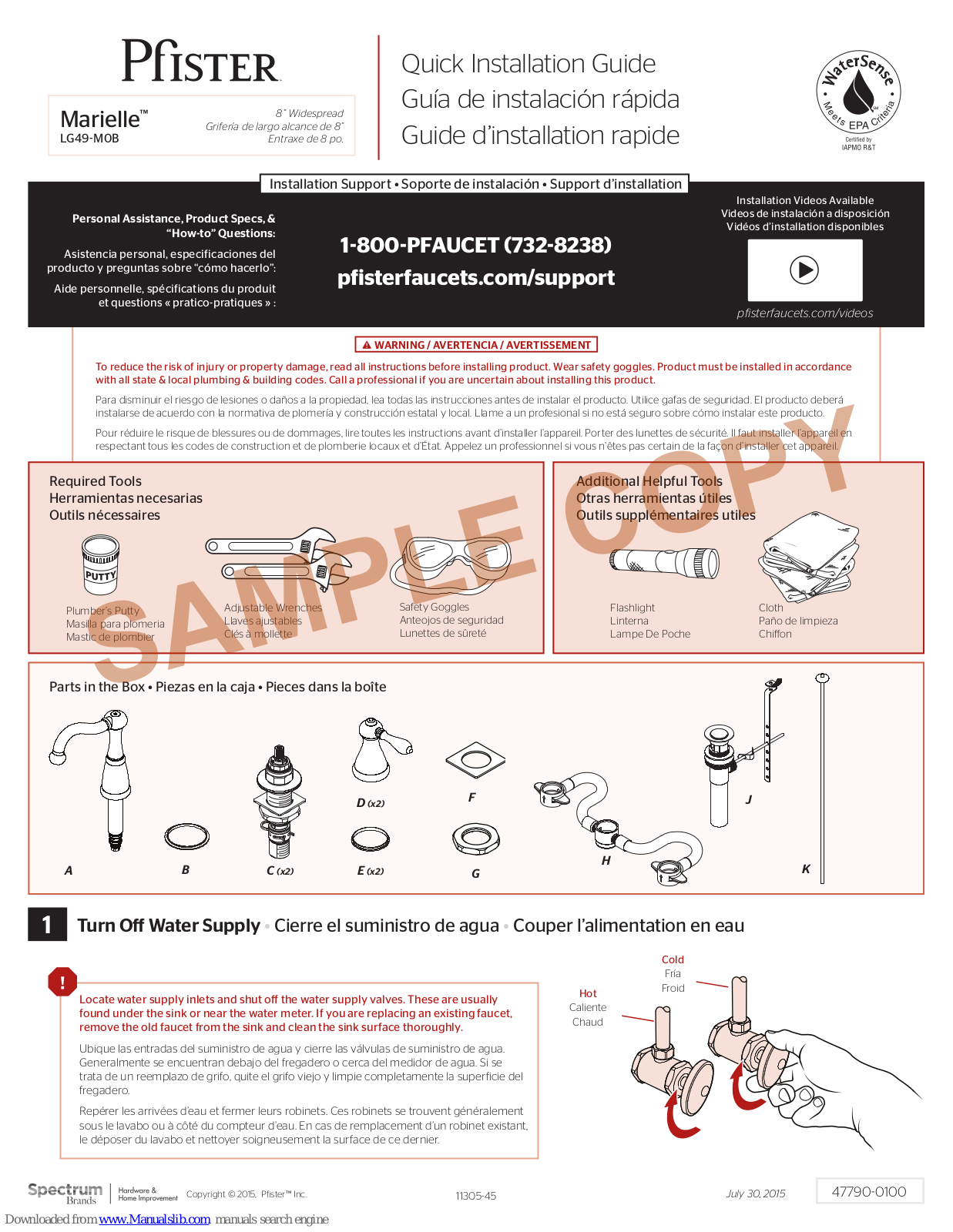 Pfister MArielle, Kenzo LG49-DFO, Carnegie series, Carnegie LG49-WE0 Quick Installation Manual