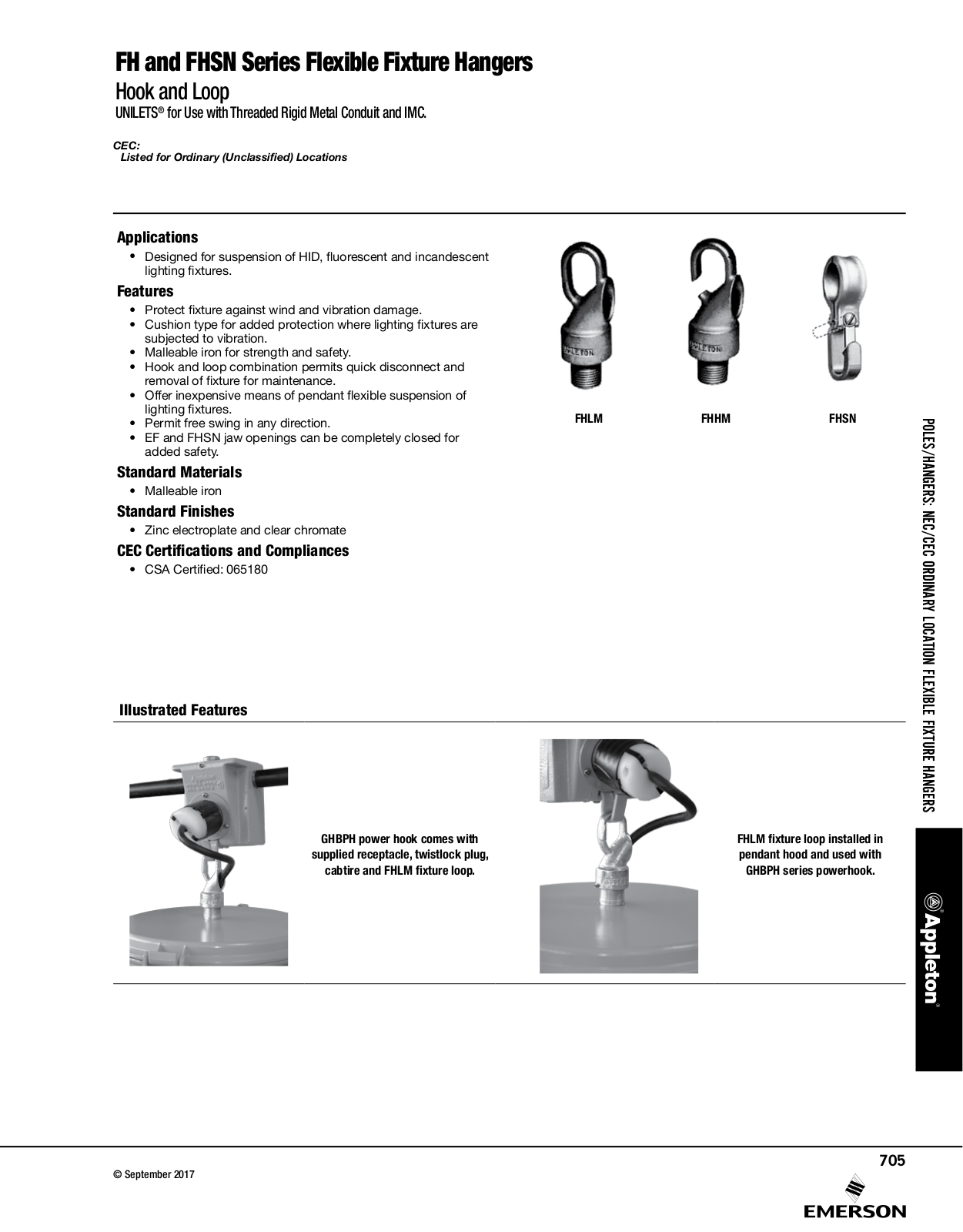 Appleton FH  Series Flexible Fixture Hangers, FHSN Series Flexible Fixture Hangers Catalog Page