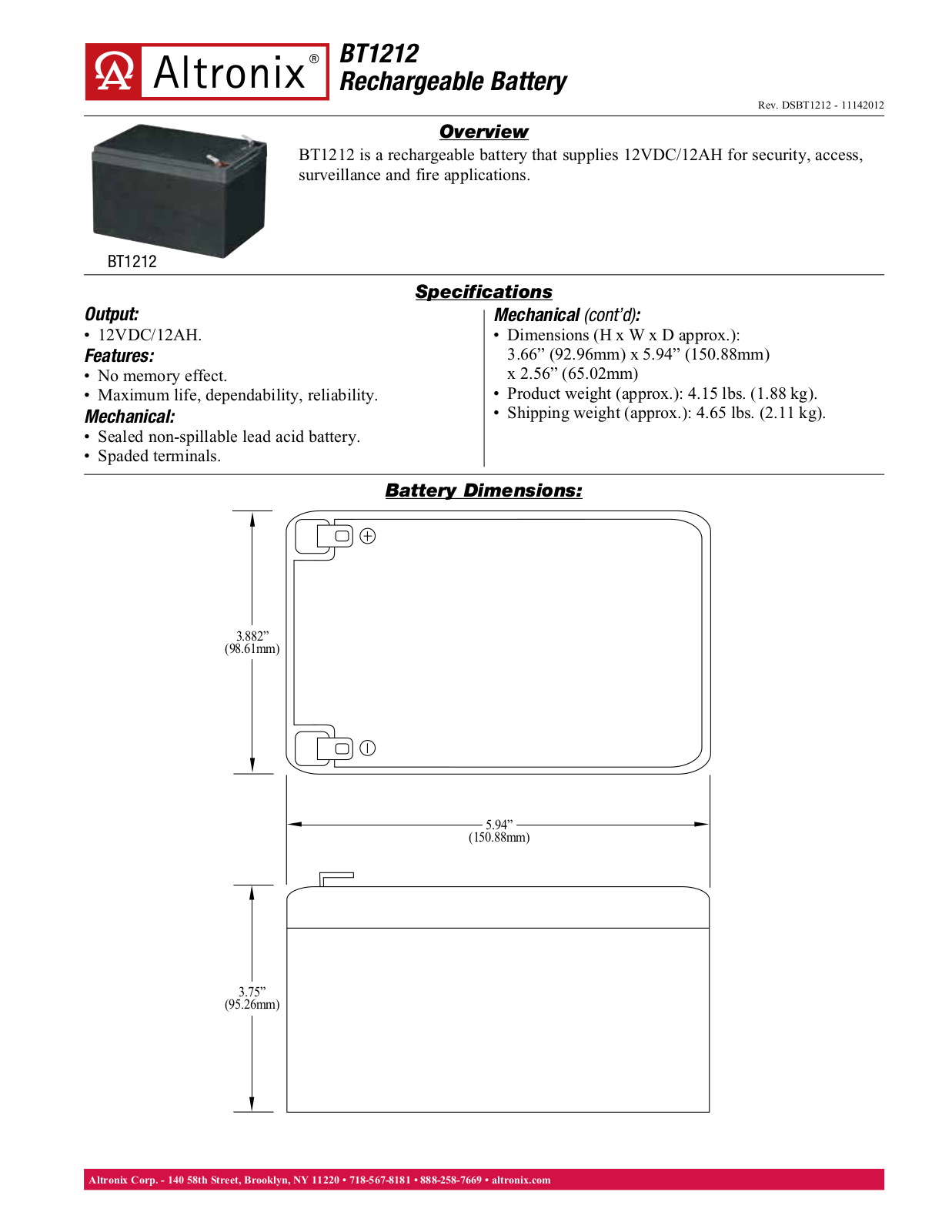 Altronix BT1212 Data Sheet