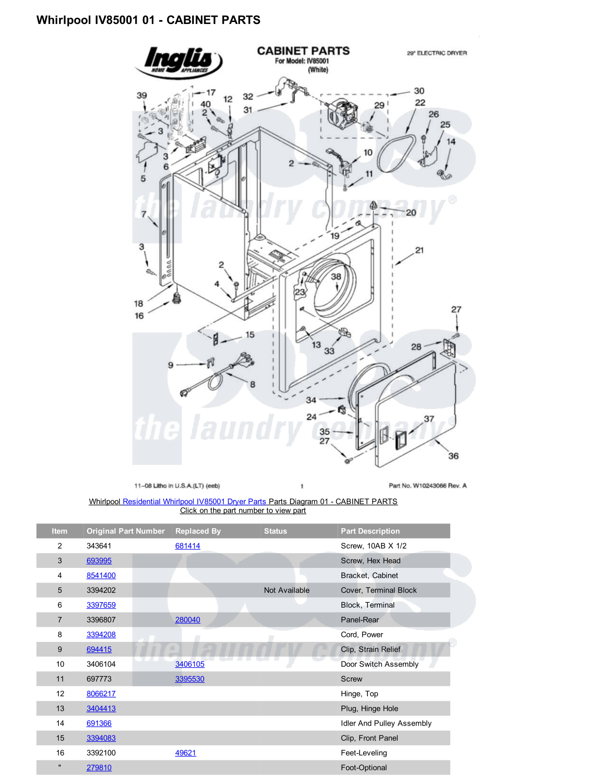 Whirlpool IV85001 Parts Diagram