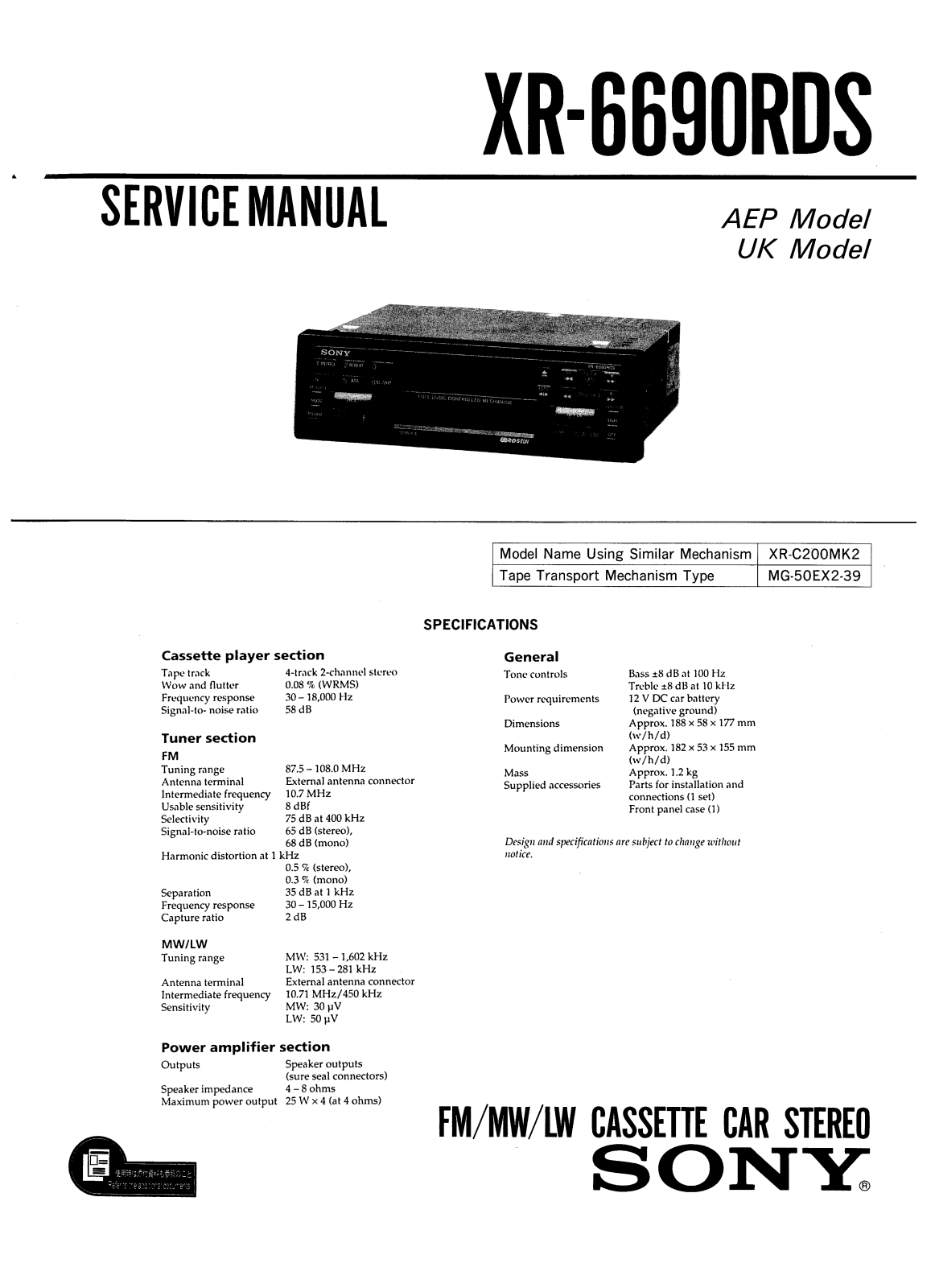 Sony XR-6690-RDS Service manual
