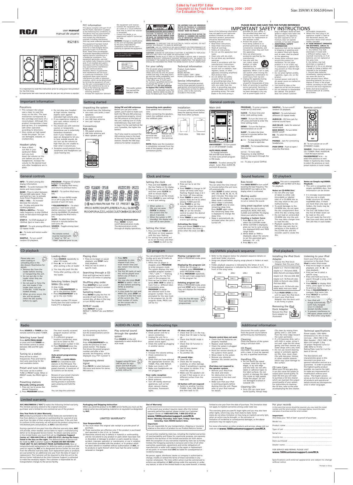 RCA RS2181iF Owner's Manual