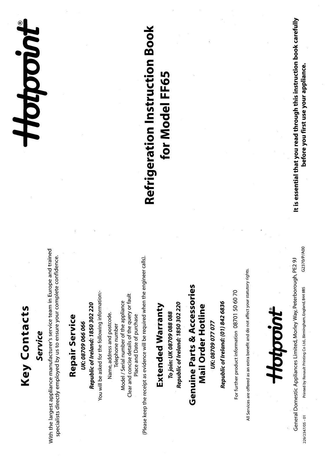 Hotpoint FF65 User Manual