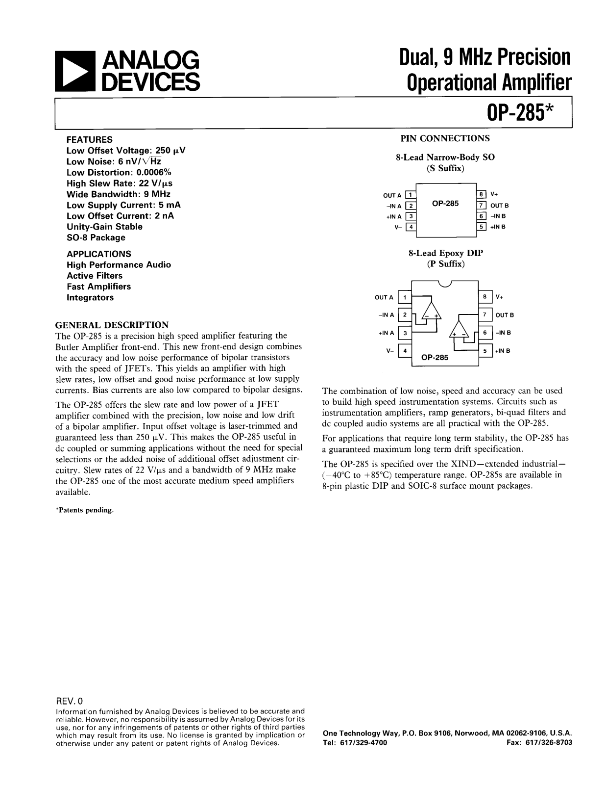 Analog Devices OP285 Datasheet