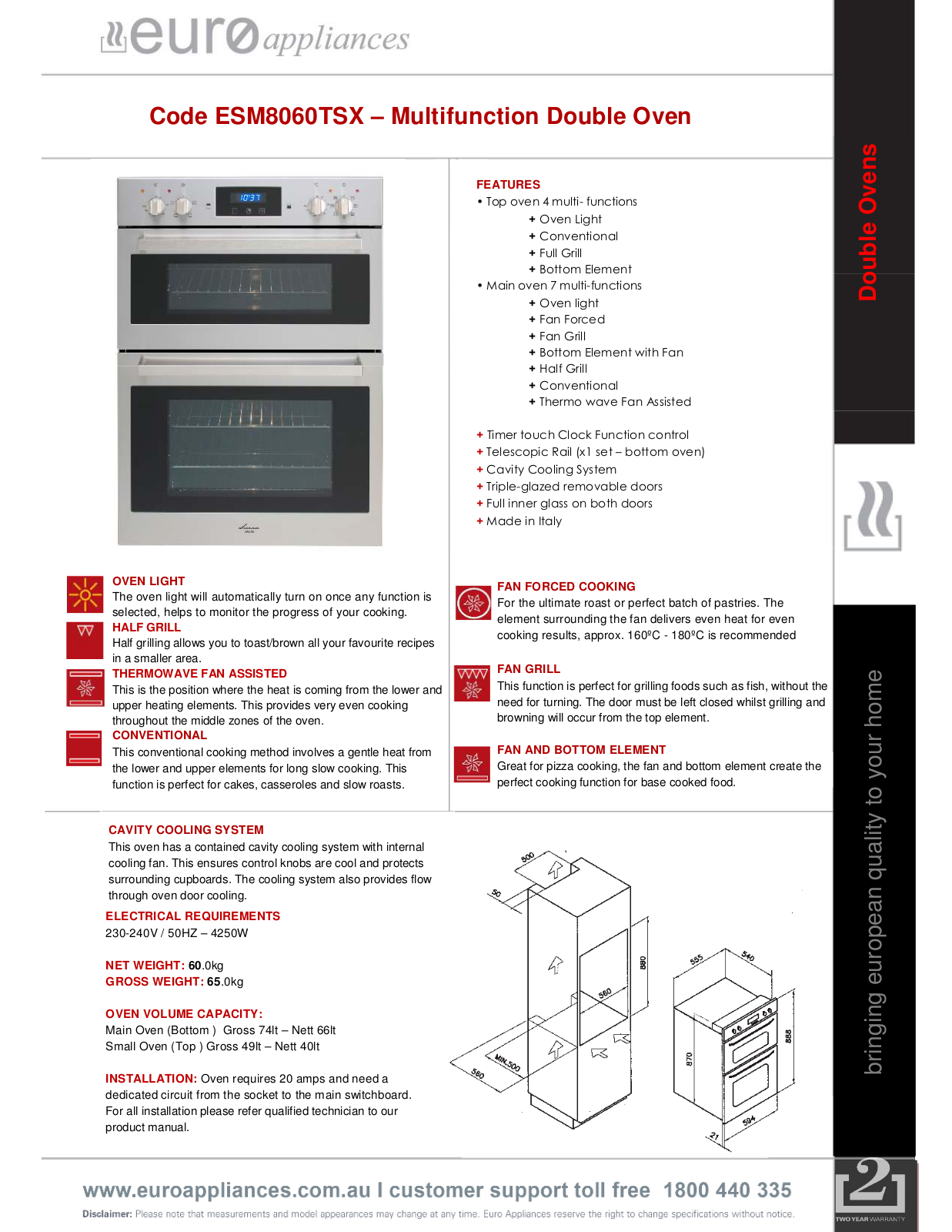 Euro Appliances ESM8060TSX Specifications Sheet