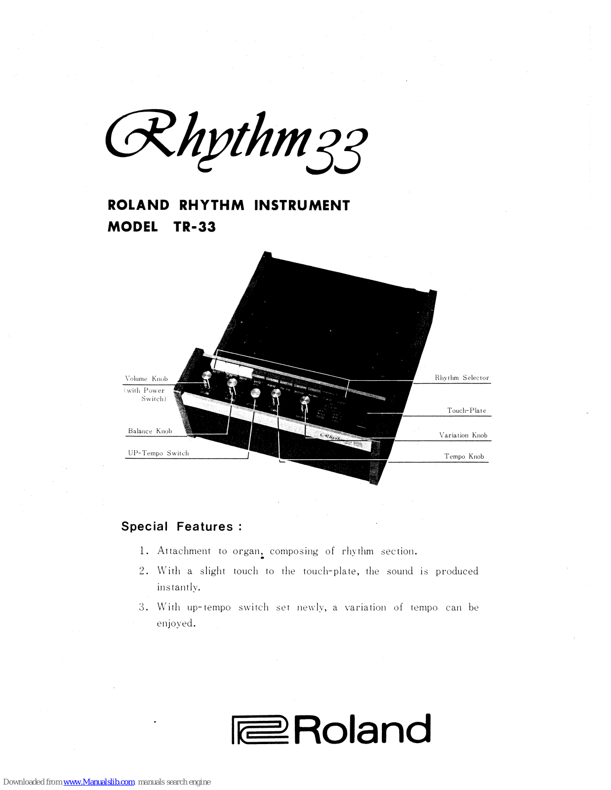 Roland TR-33, Rhythm 33 Quick Start Manual