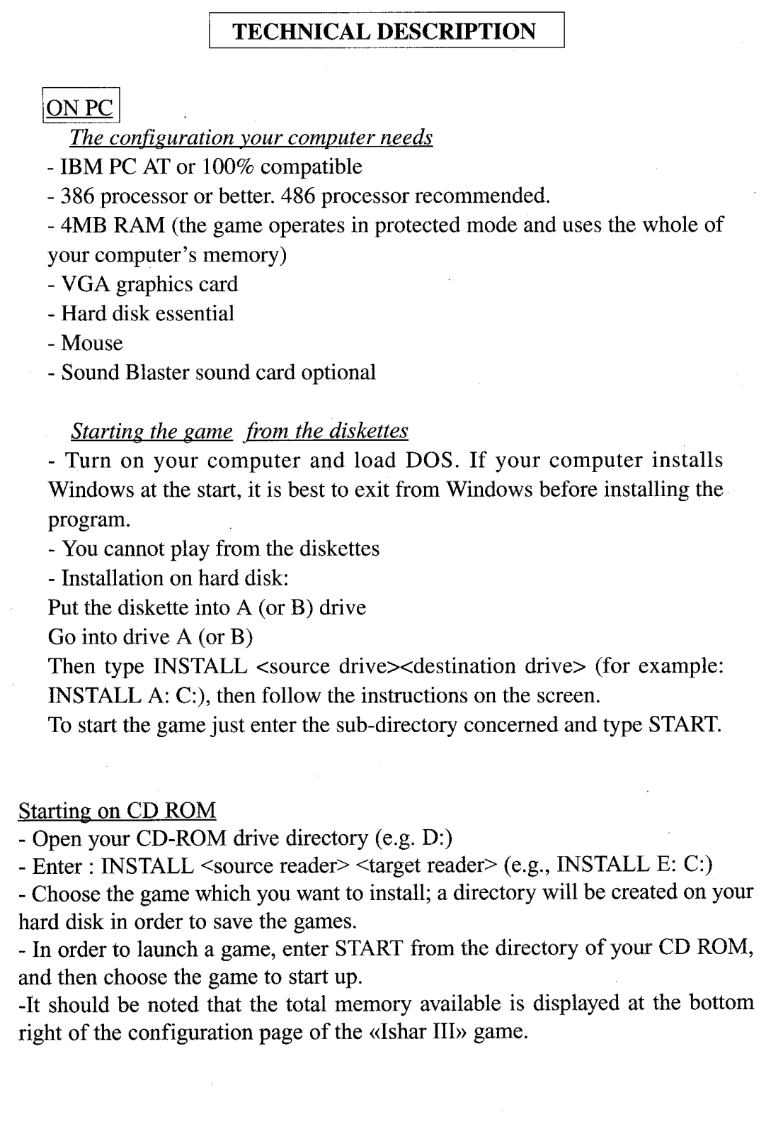 Games PC ISHAR 1 User Manual