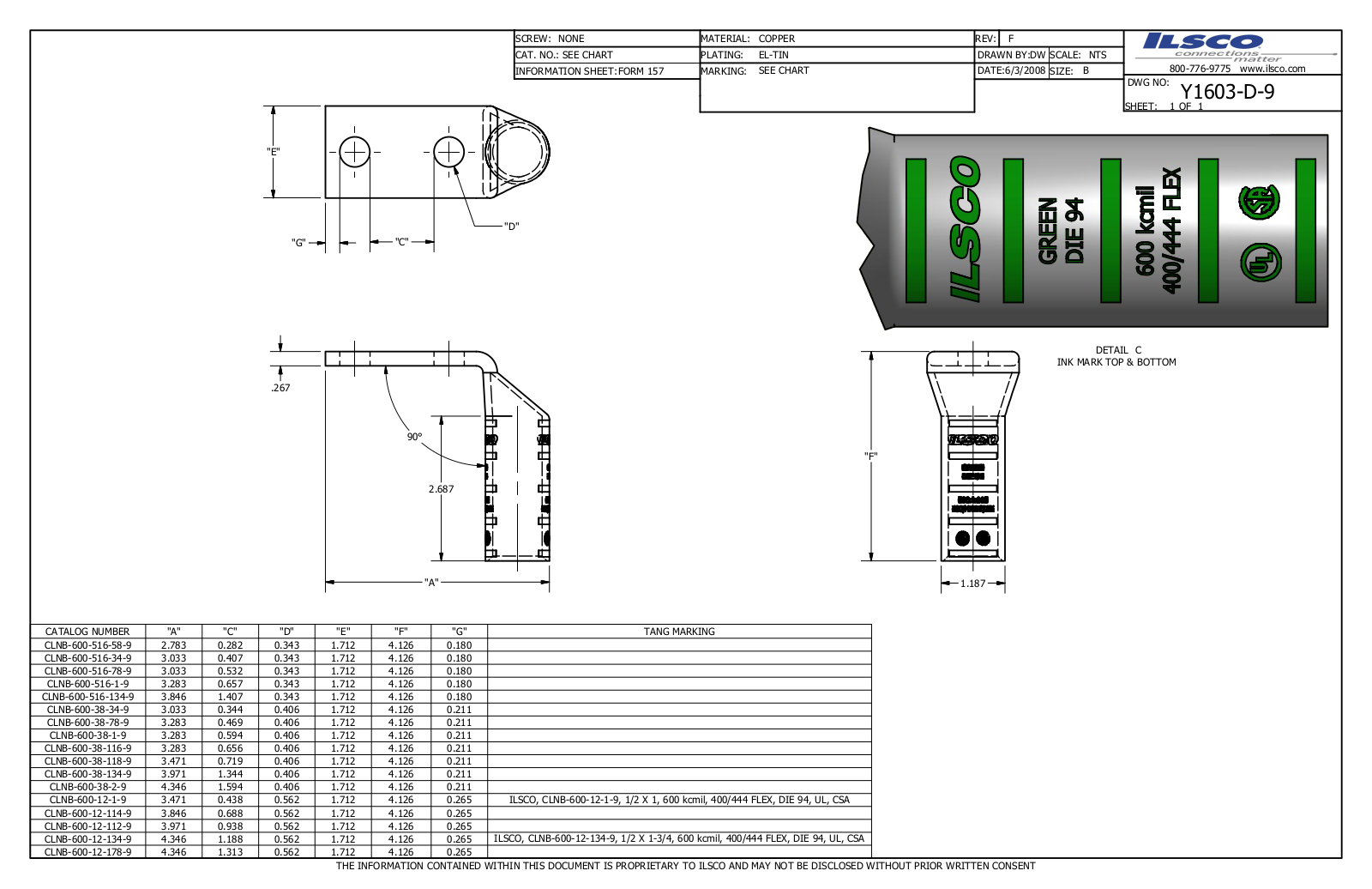 Ilsco CLNB-600-12-134-9 Data sheet