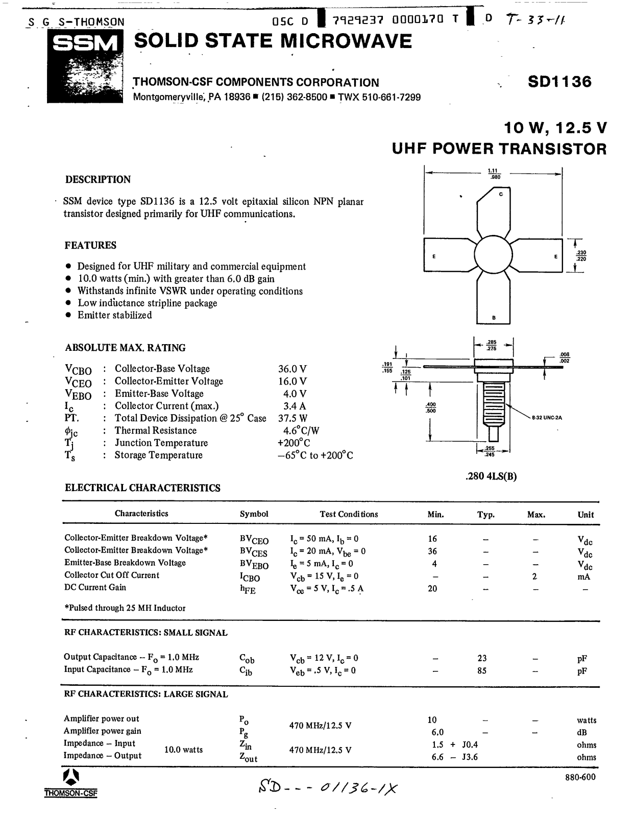 SGS Thomson Microelectronics SD1136 Datasheet