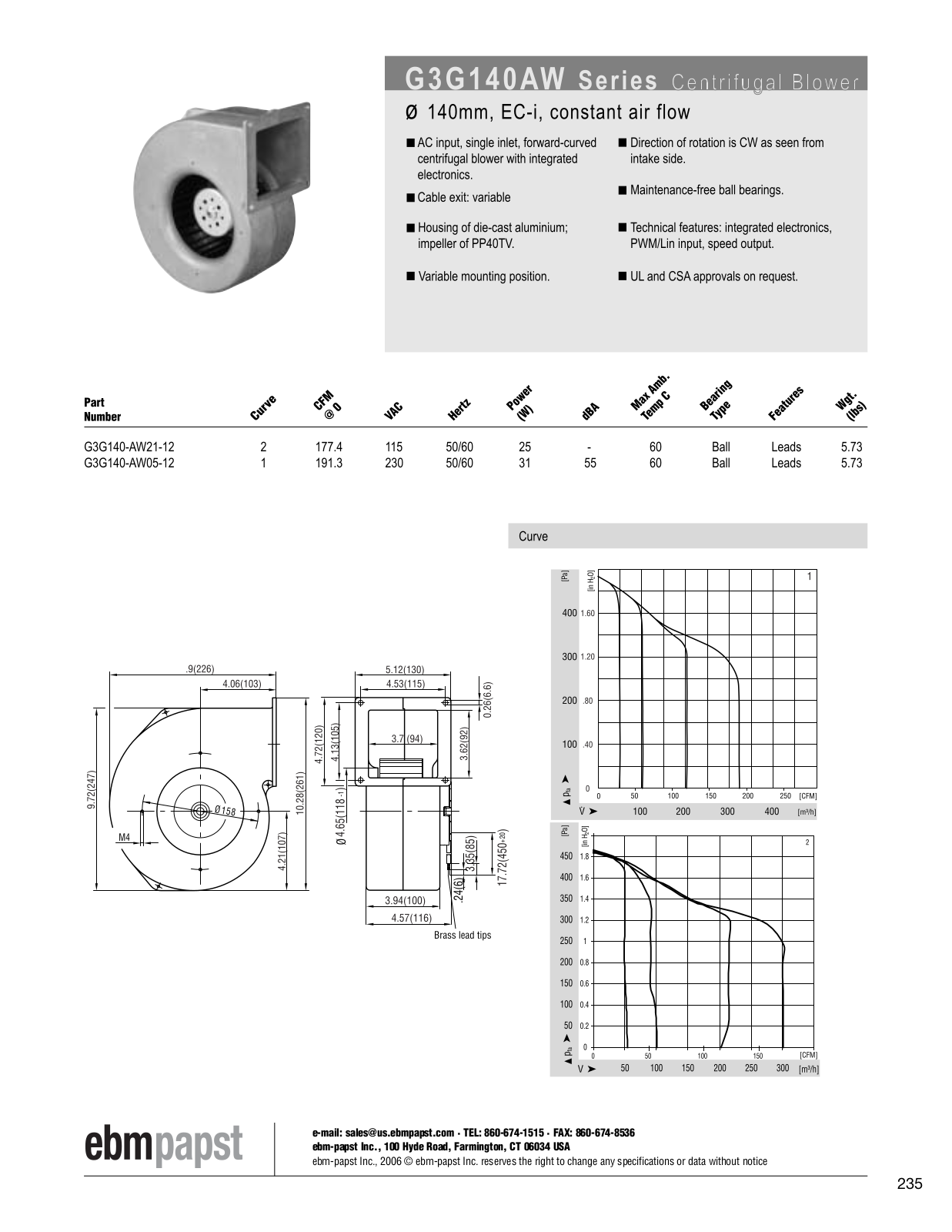 ebm-papst Centrifugal Blower Series G3G140AW Catalog Page