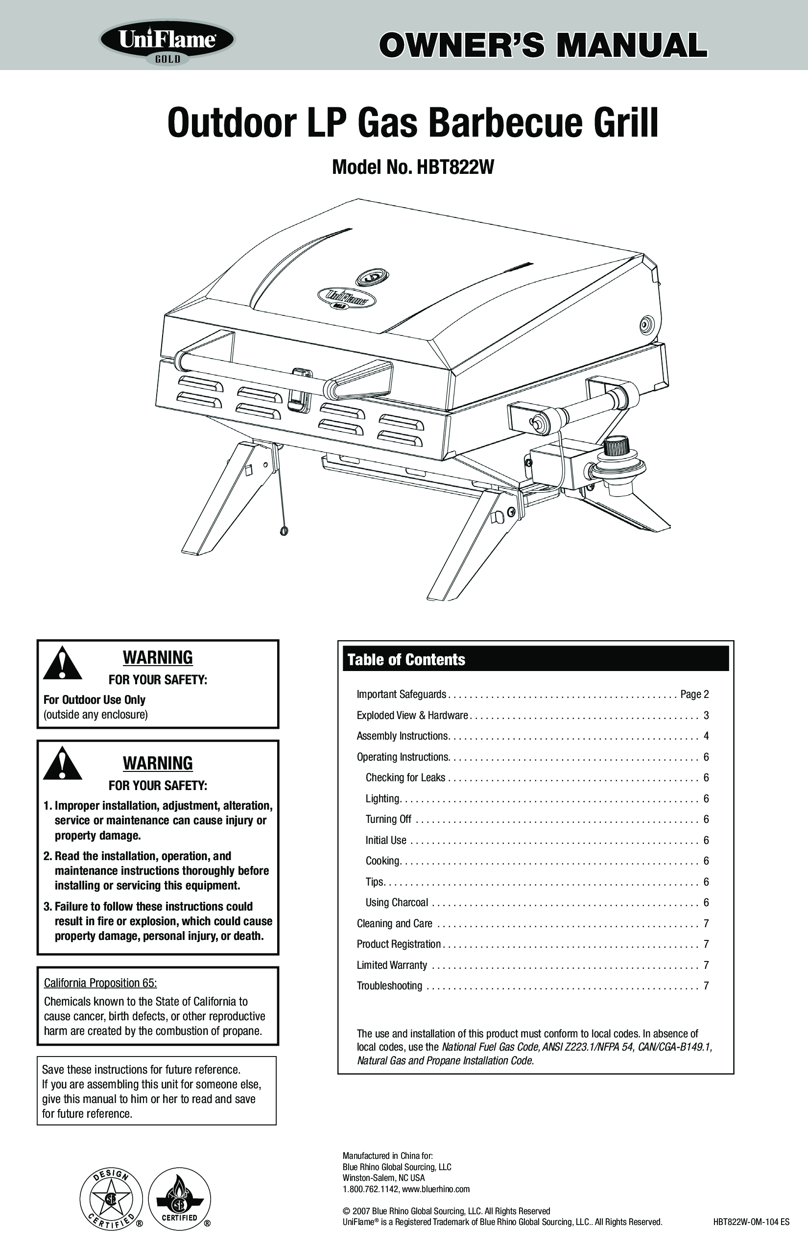 Uniflame Hbt822w Owner's Manual