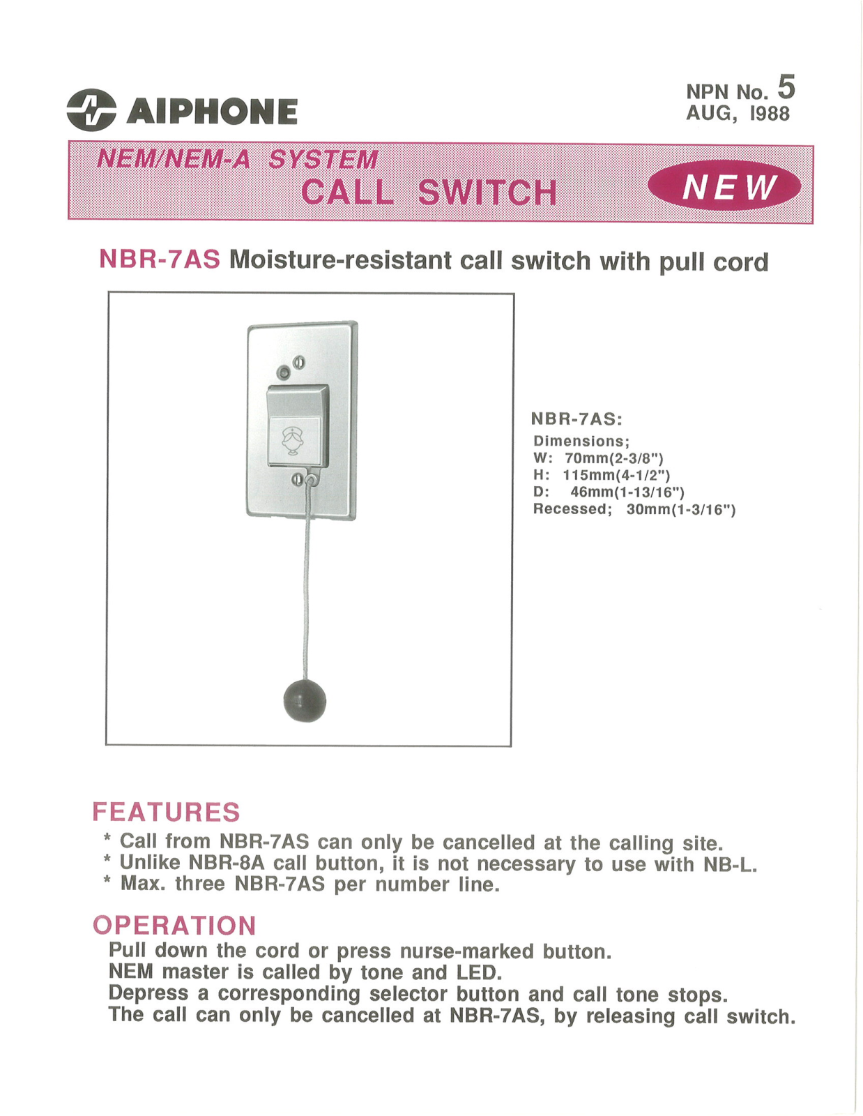 Aiphone NBR-7AS User Manual