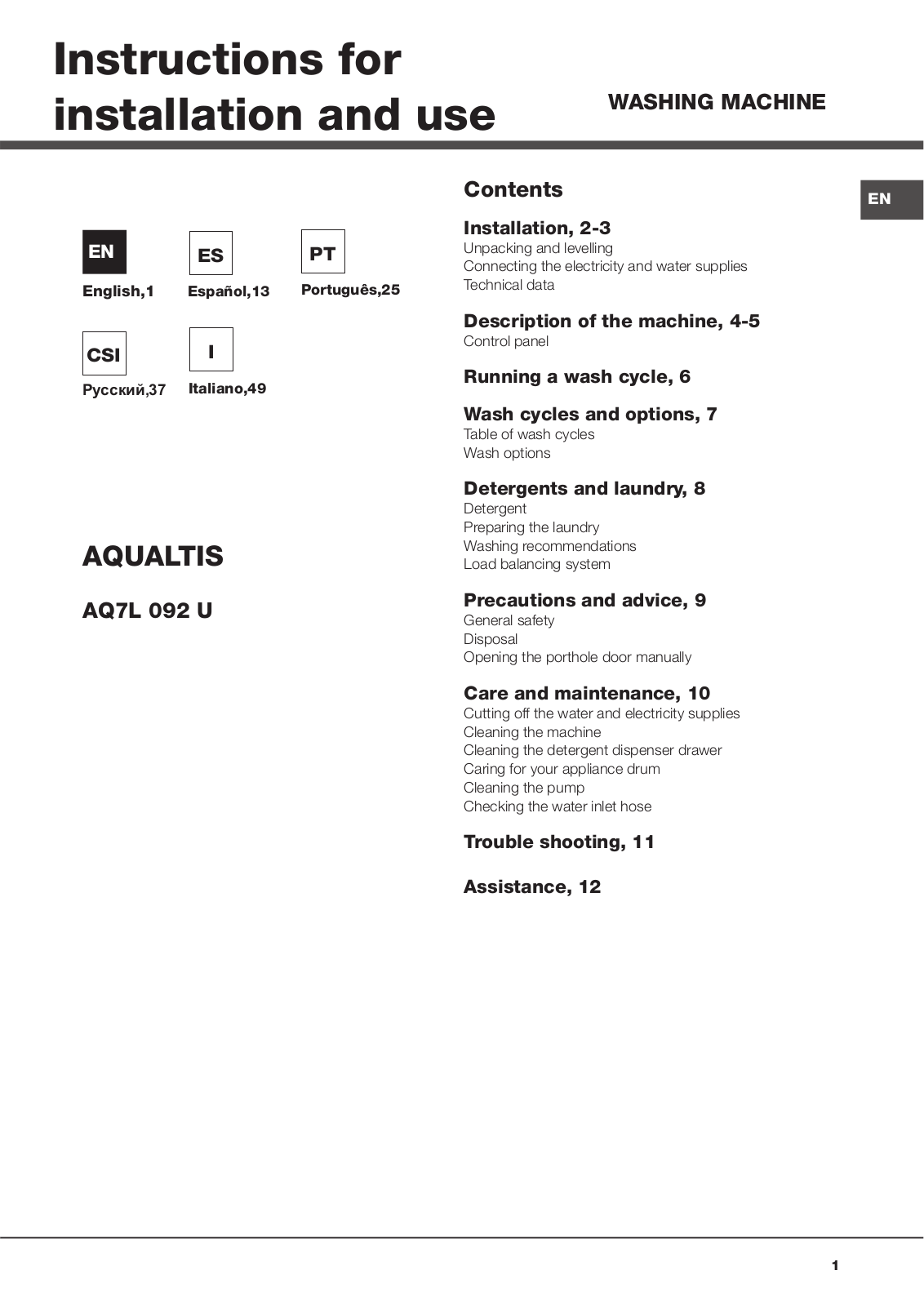 Hotpoint AQ7L 092 U Instructions For Installation And Use Manual