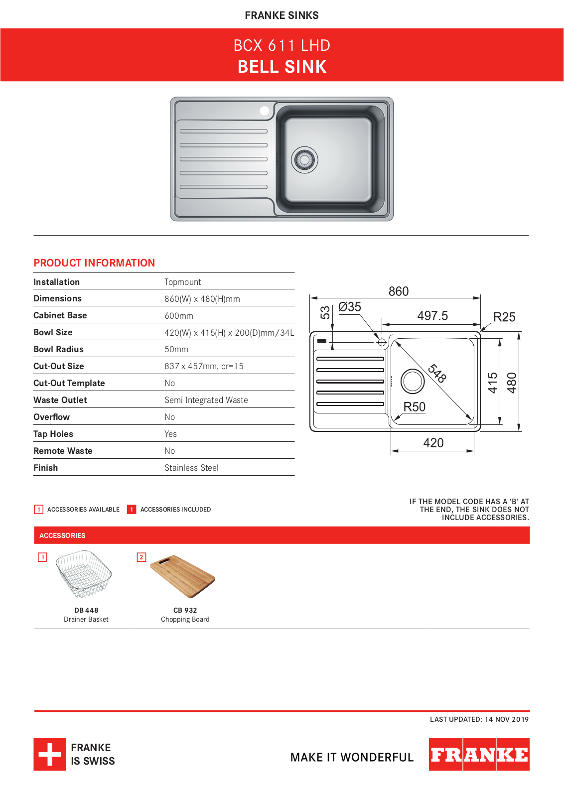 Franke BCX611LHD Specifications Sheet