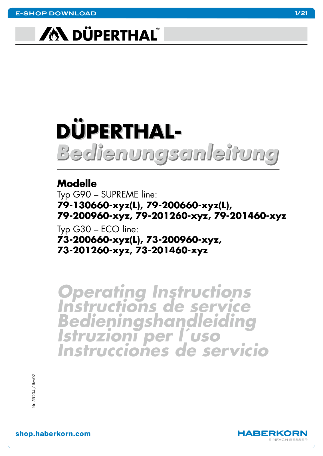 DÜPERTHAL SUPREME Series, ECO Series, G90, G30 Operating Instructions Manual