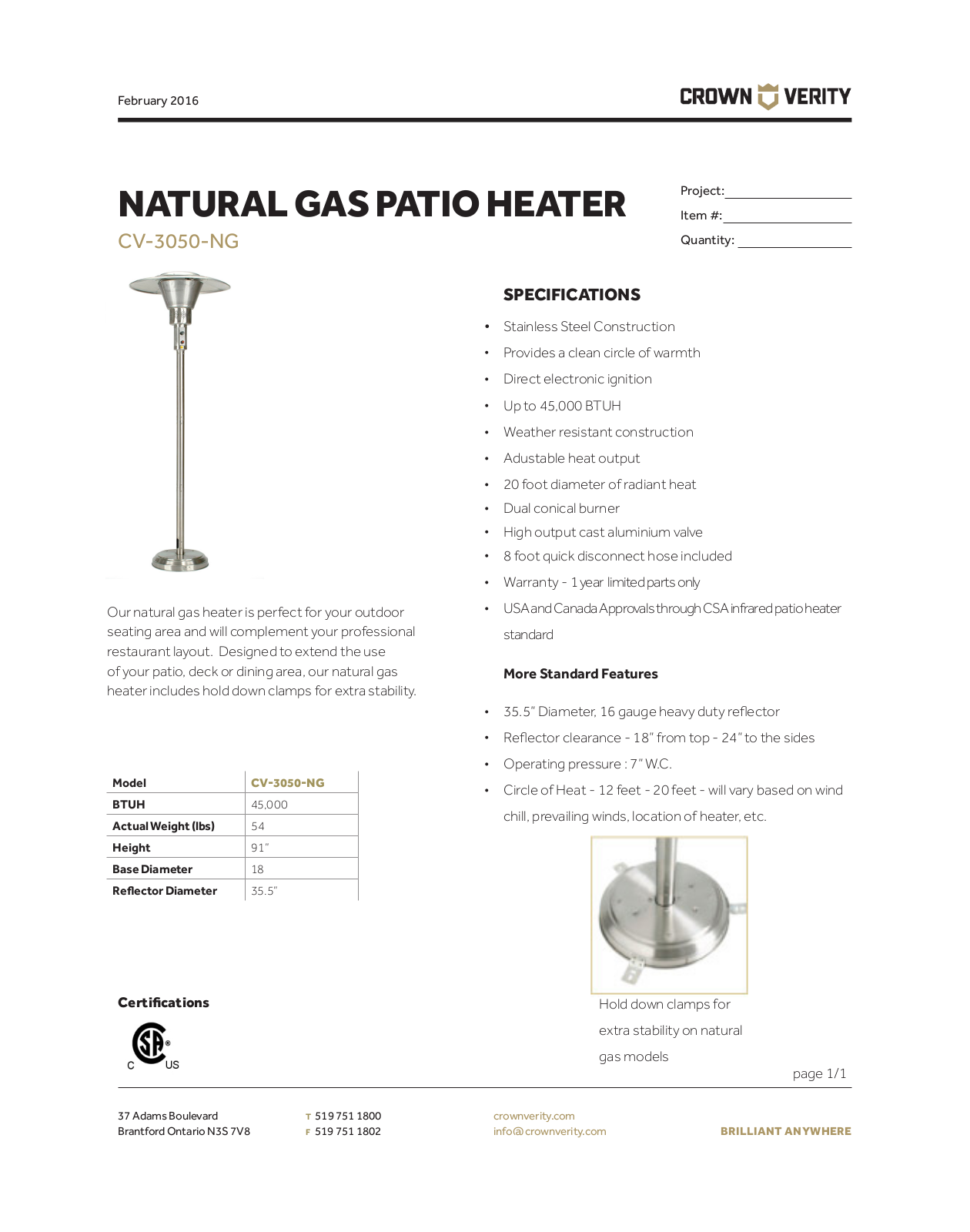 Crown Verity CV3050NG Specifications