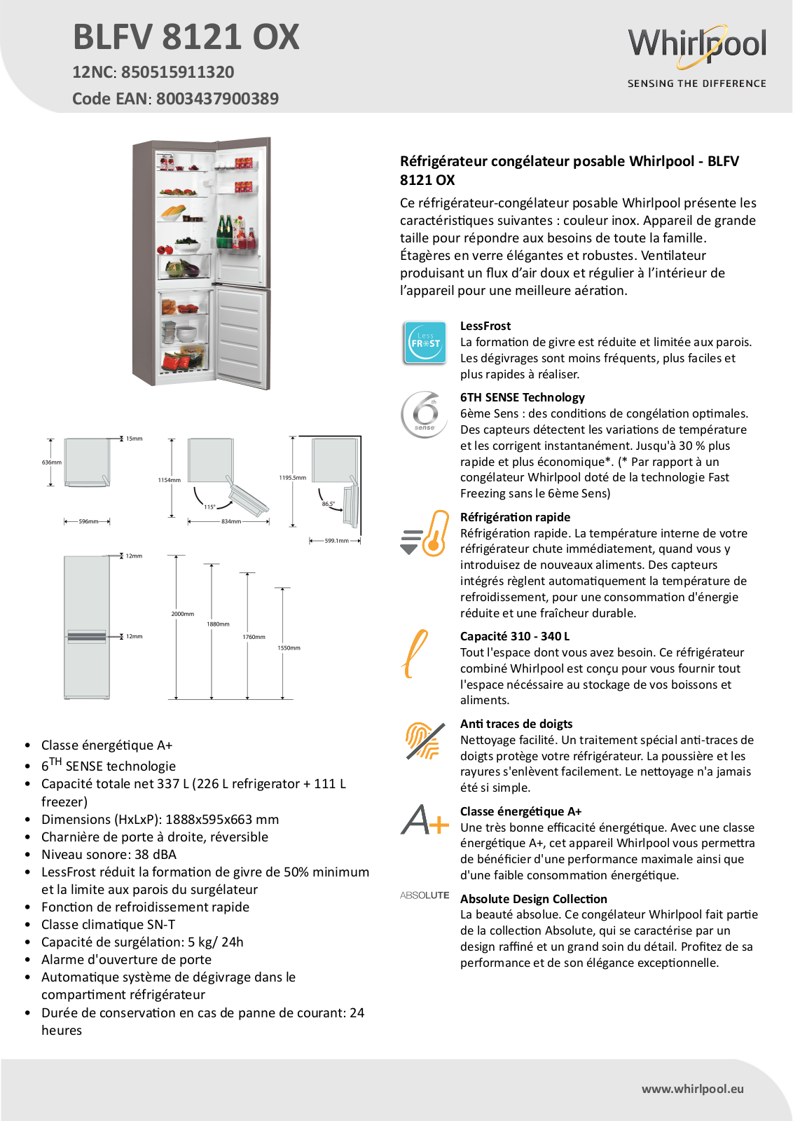 Whirlpool BLFV 8121 OX Product information