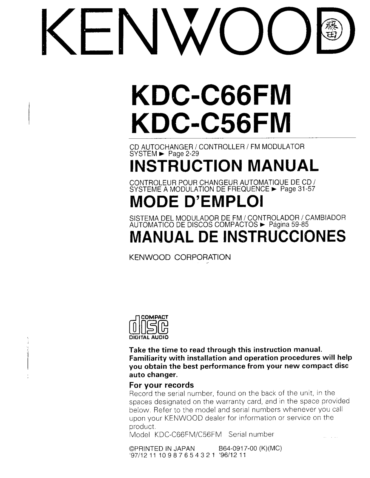 Kenwood KDC-C66FM, KDC-C56FM Owner's Manual