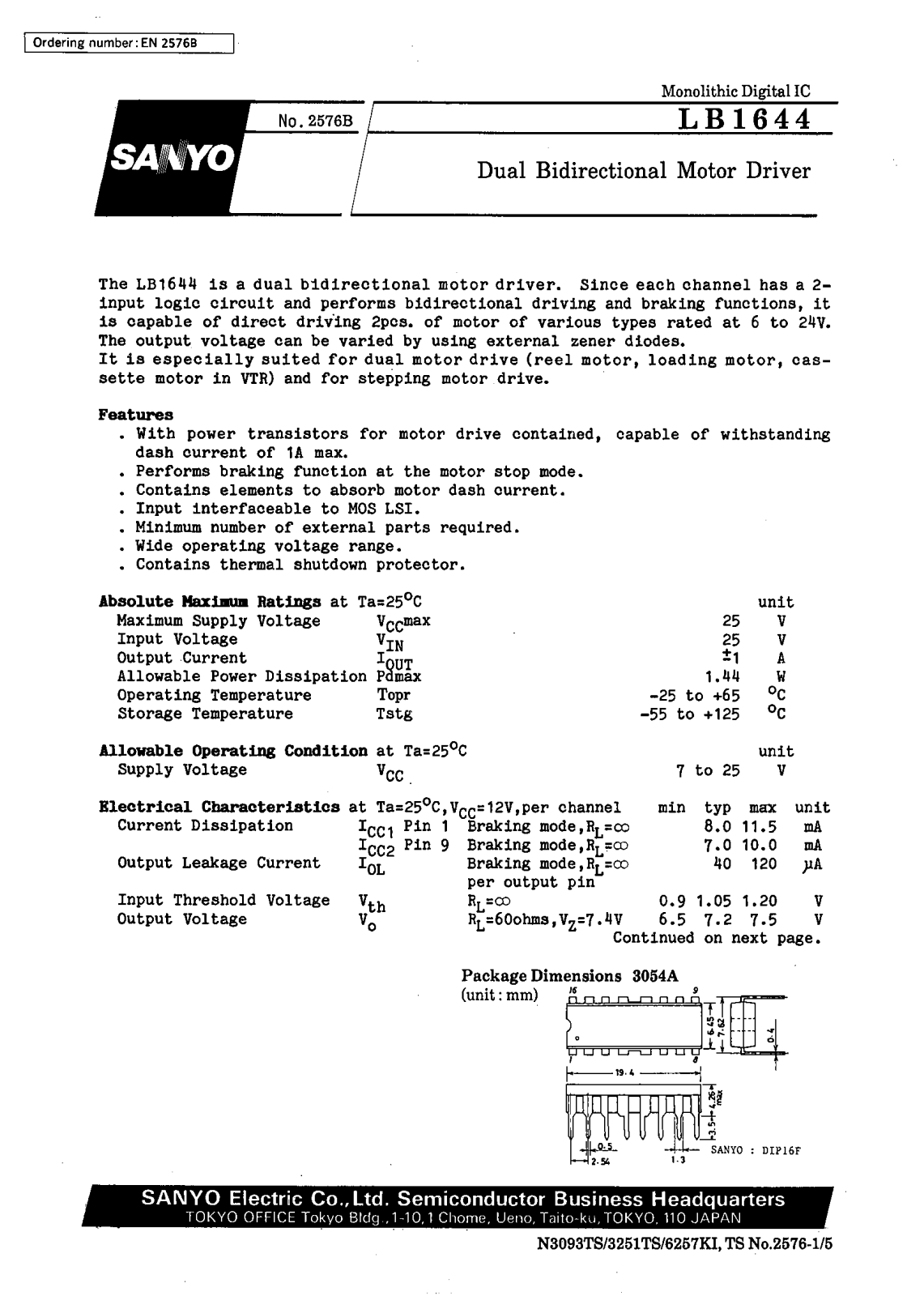 SANYO LB1644 Datasheet