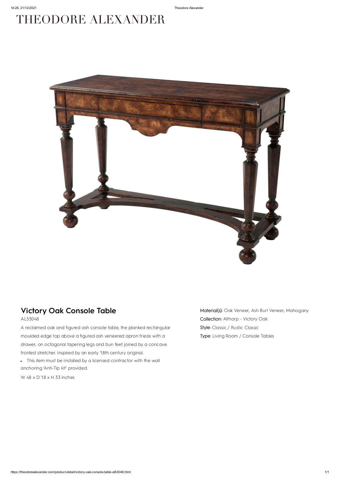 Theodore Alexander FPLJ1503 Specifications - ManualMachine.com
