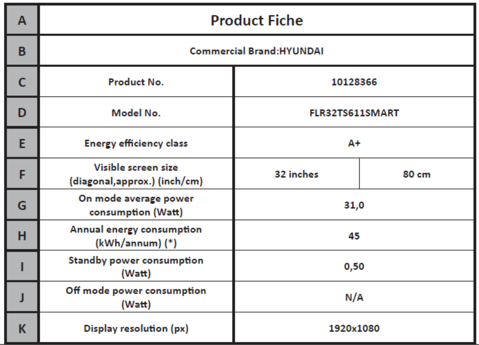 Hyundai FLR32TS611SMART Information sheet