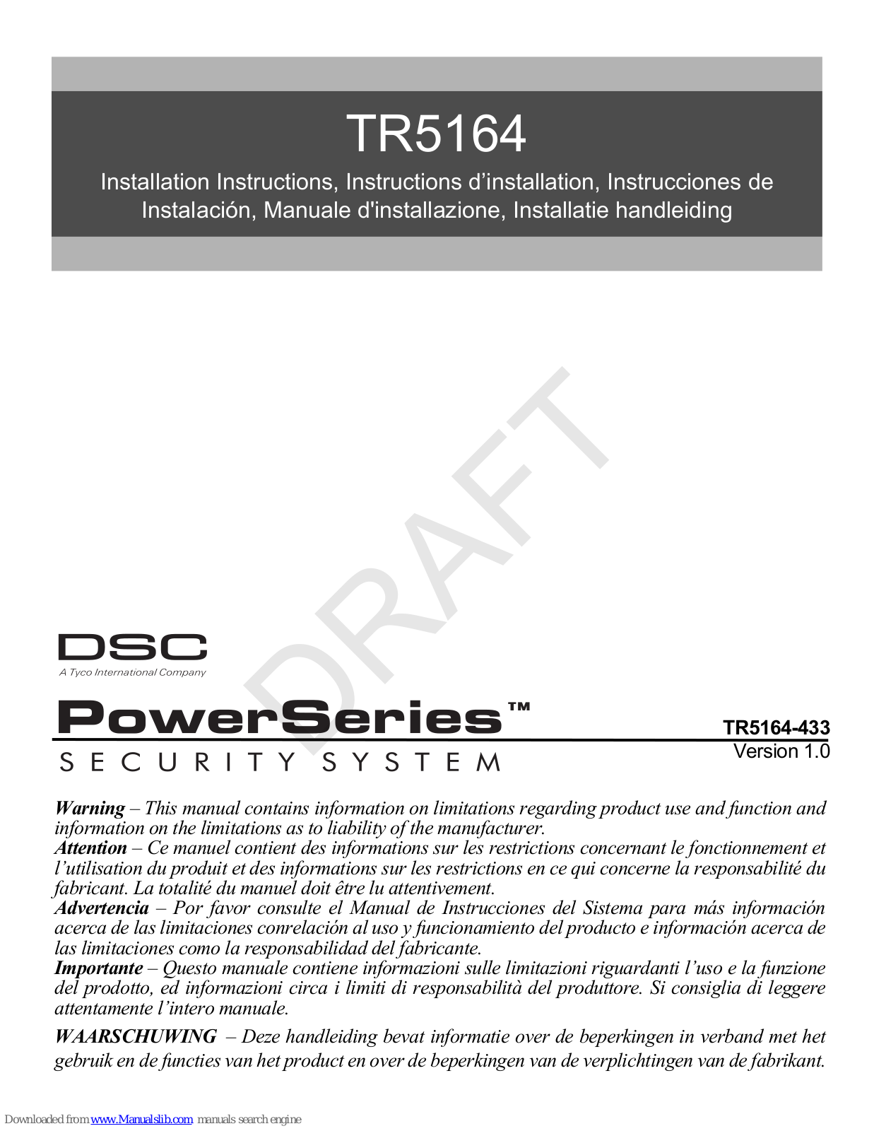 DSC TR5164-433 Installation Instructions Manual