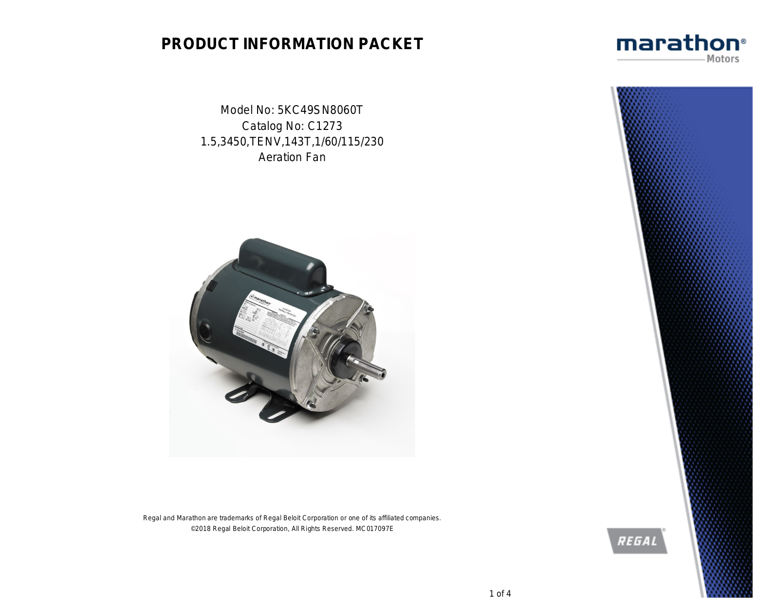 Marathon Electric 5KC49SN8060T Product Information Packet