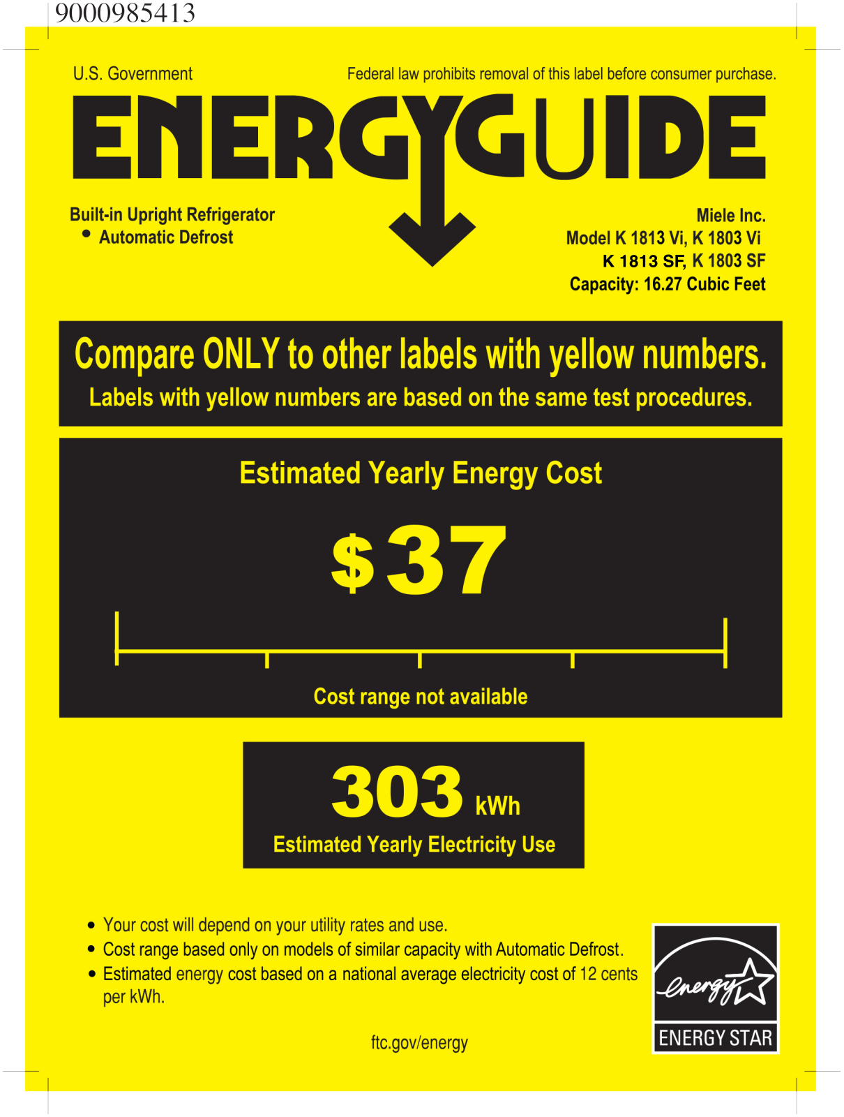 Miele K 1813 Vi, K 1813 SF, K 1803 Vi, K 1803 SF Energy Guide