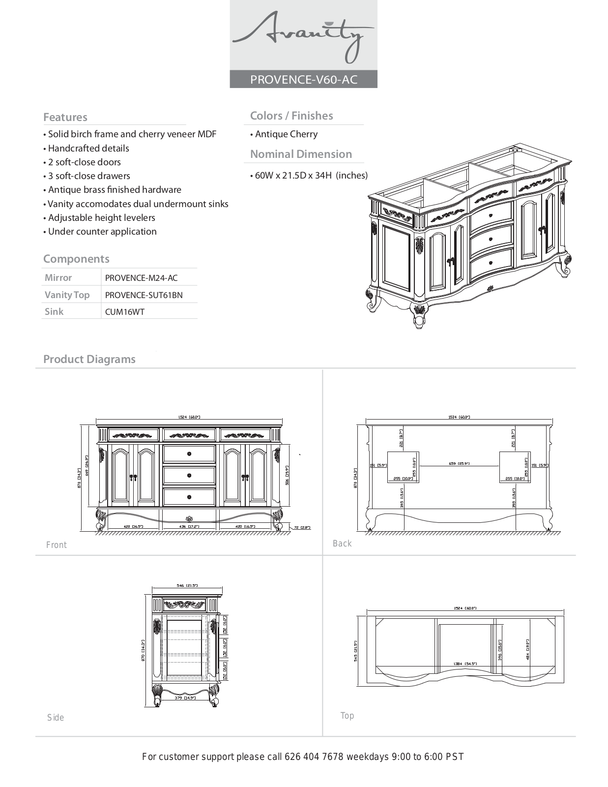 Avanity PROVENCEVSAC Specifications