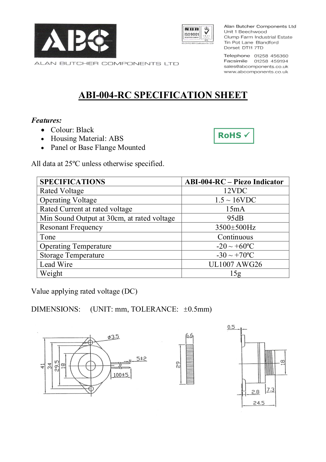 ABC ABI-004-RC Specification Sheet