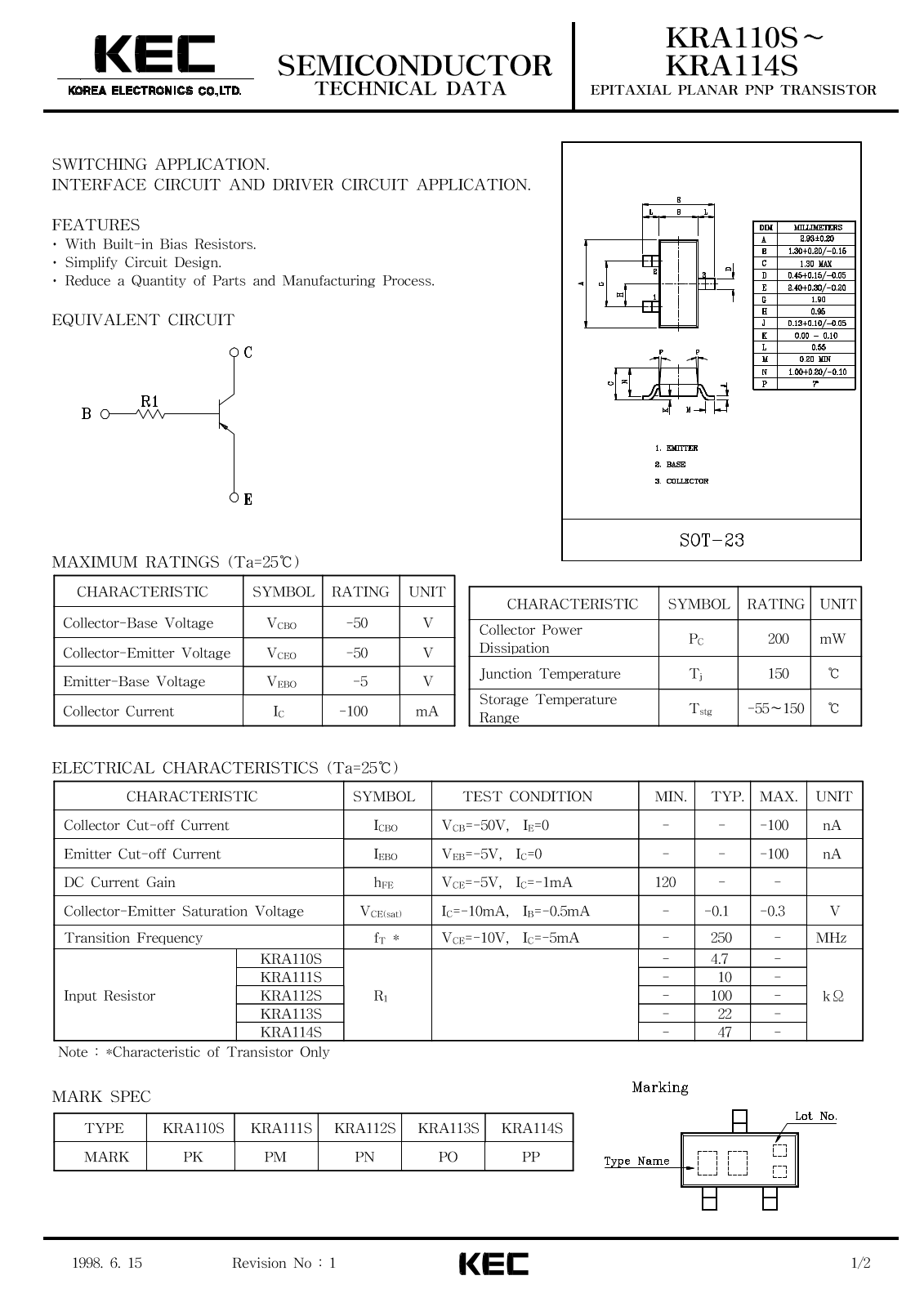 KEC KRA114S, KRA113S, KRA111S, KRA110S, KRA112S Datasheet