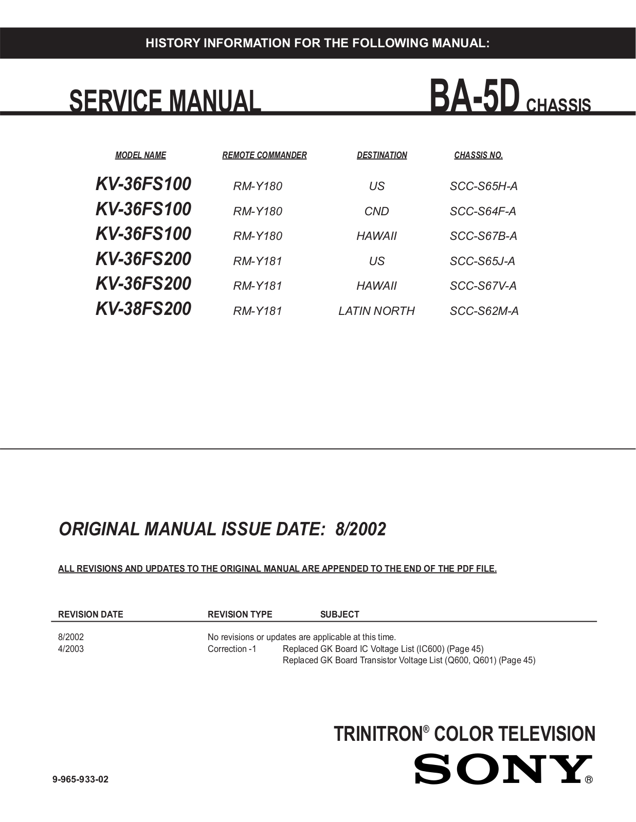 SONY KV-36FS100, KV-36FS200, KV-38FS200 Service Manual