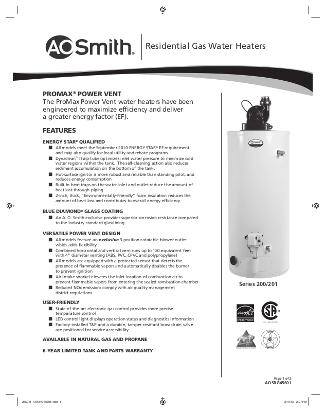 A. O. Smith GPVL-40 User Manual