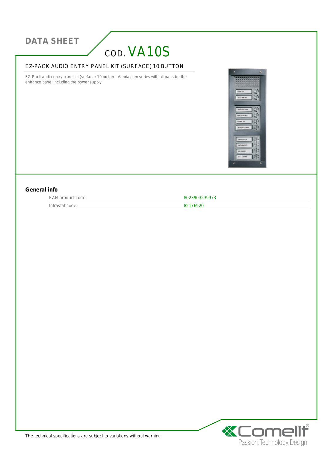 Comelit VA10S Specsheet