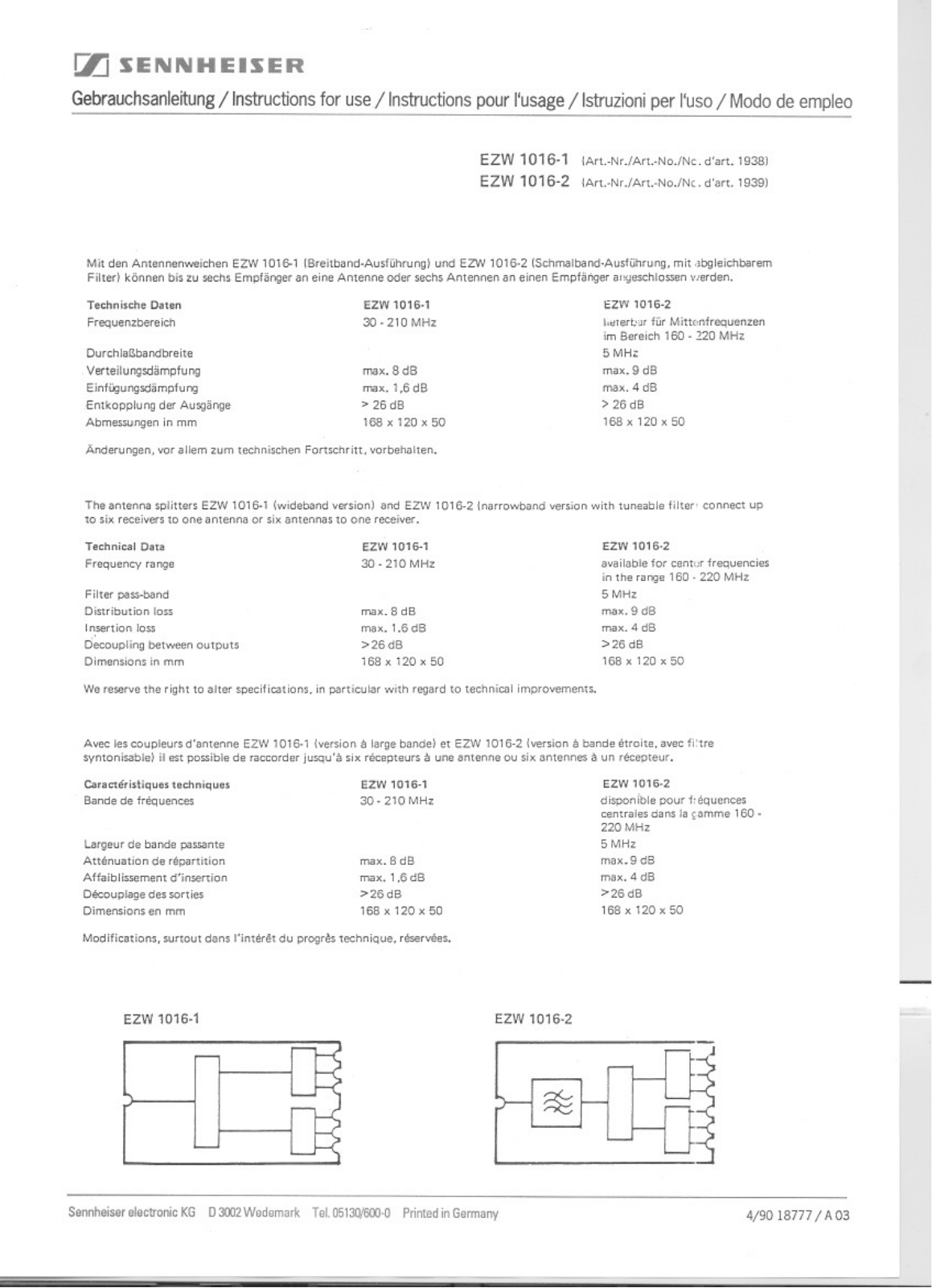 Sennheiser EZW 1016-2, EZW 1016-1 User Manual