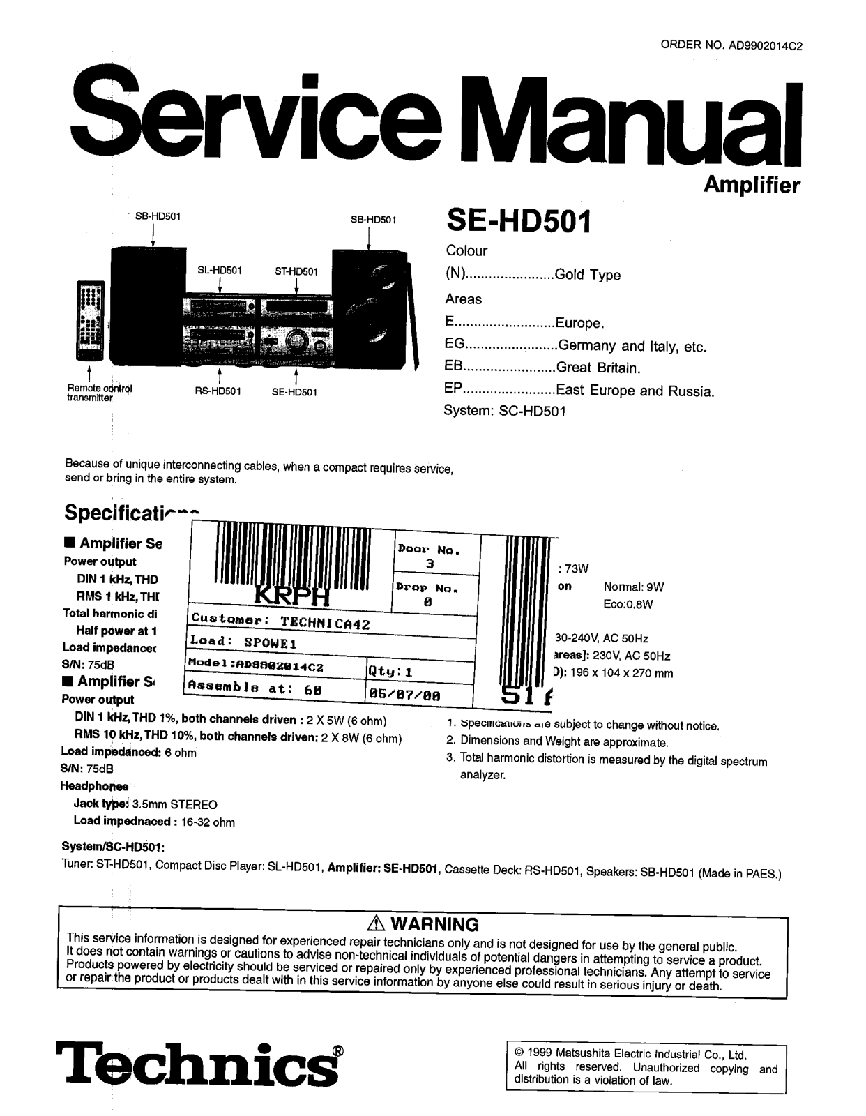 Technics SEHD-501 Service manual