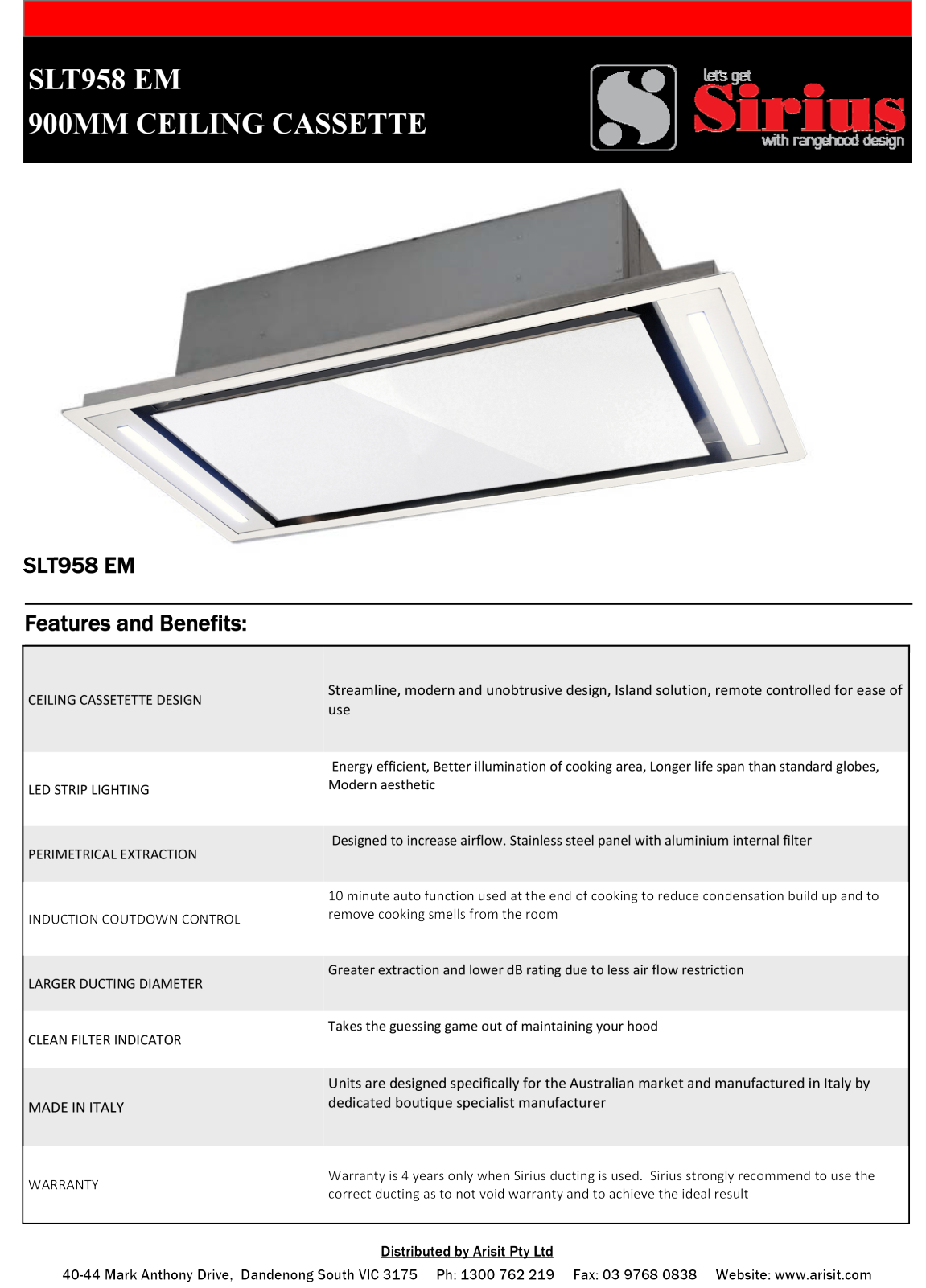 Sirius SLT958EMWHSEM2 Specifications Sheet