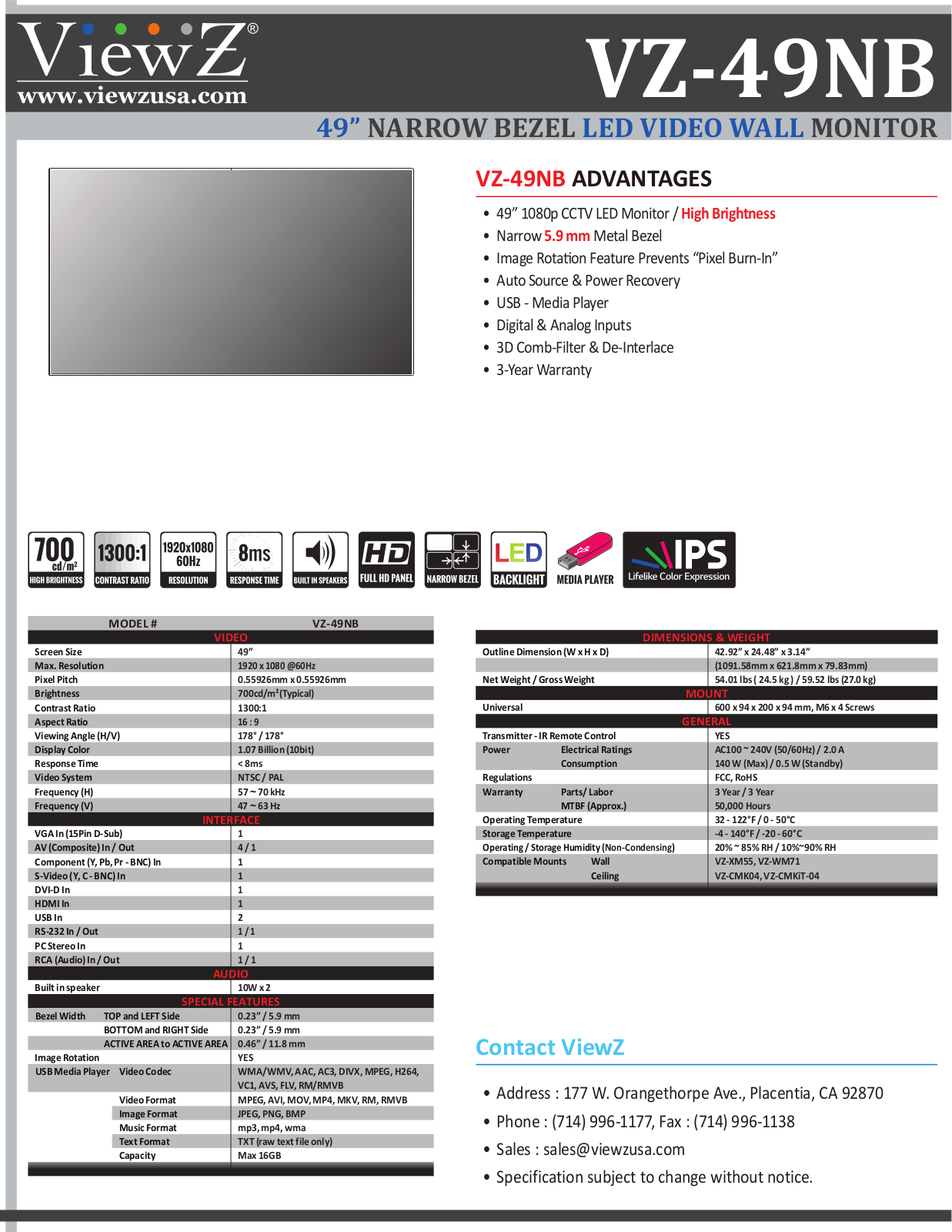 ViewZ VZ-49NB Specsheet