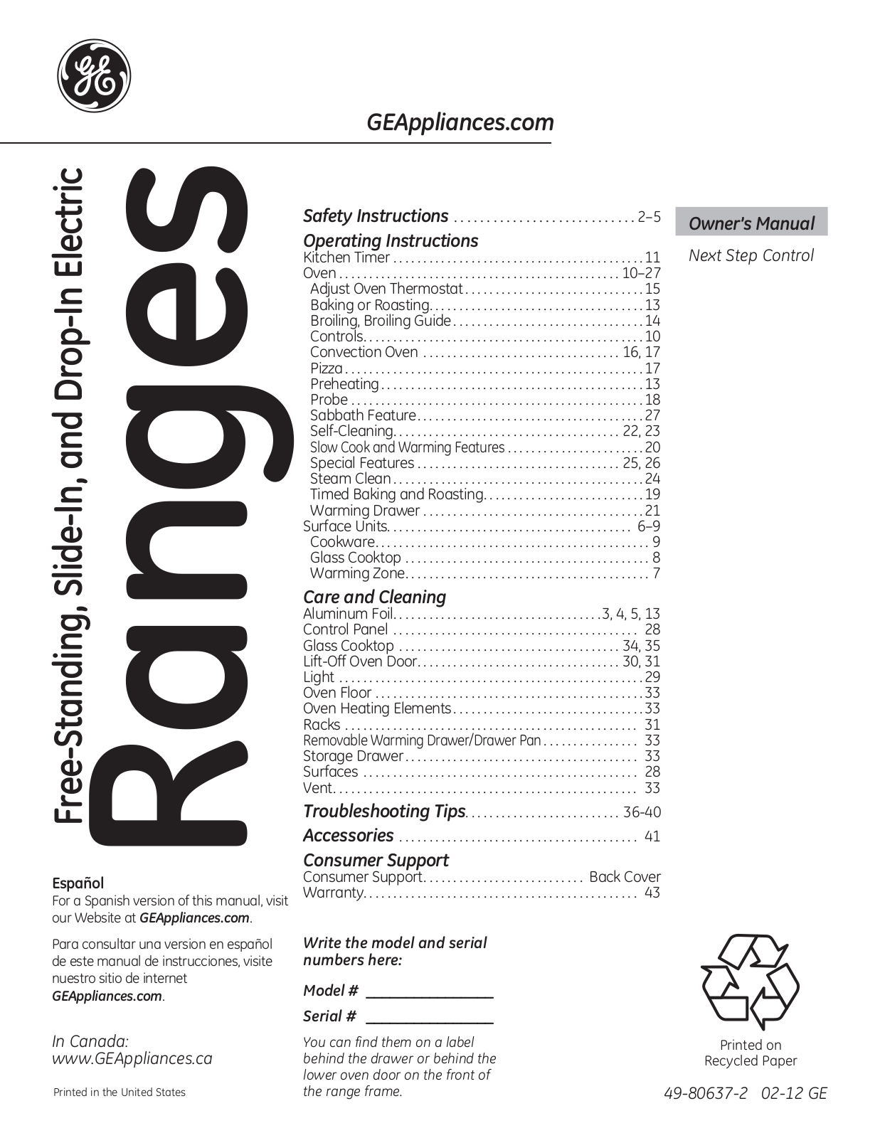 GE PS950SFSS, PS920SFSS Owner's Manual