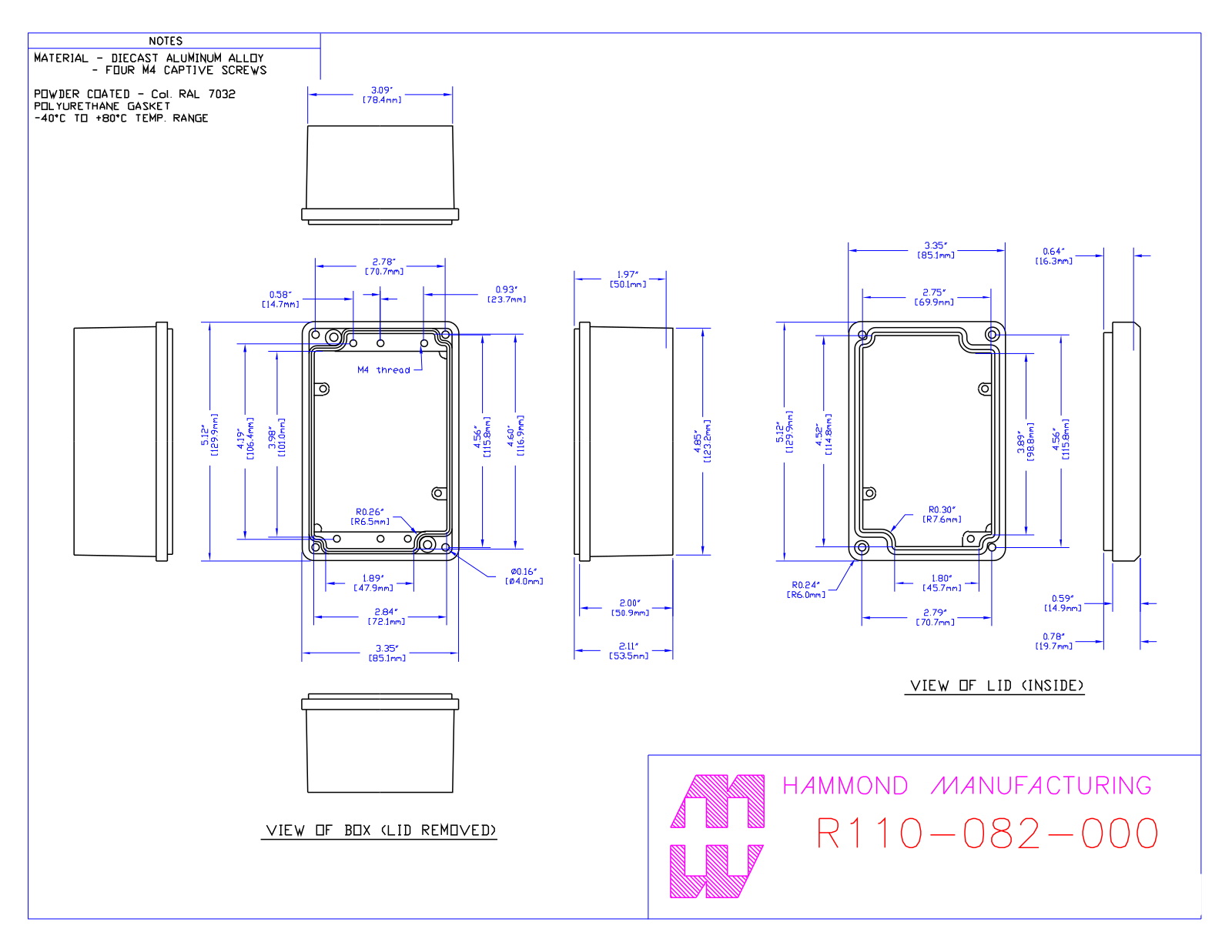 Hammond Manufacturing R110-082-000 technical drawings